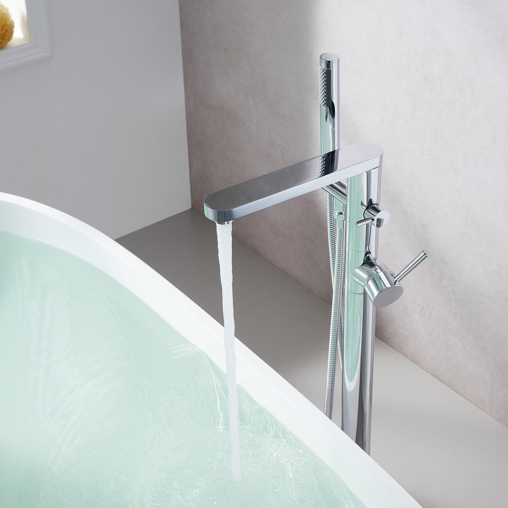 Allario Freestanding Bathtub Faucet with Double Lever Handles & Hand Shower - Floor Mounted Tub Filler for Luxury Bathroom & Spa Experience