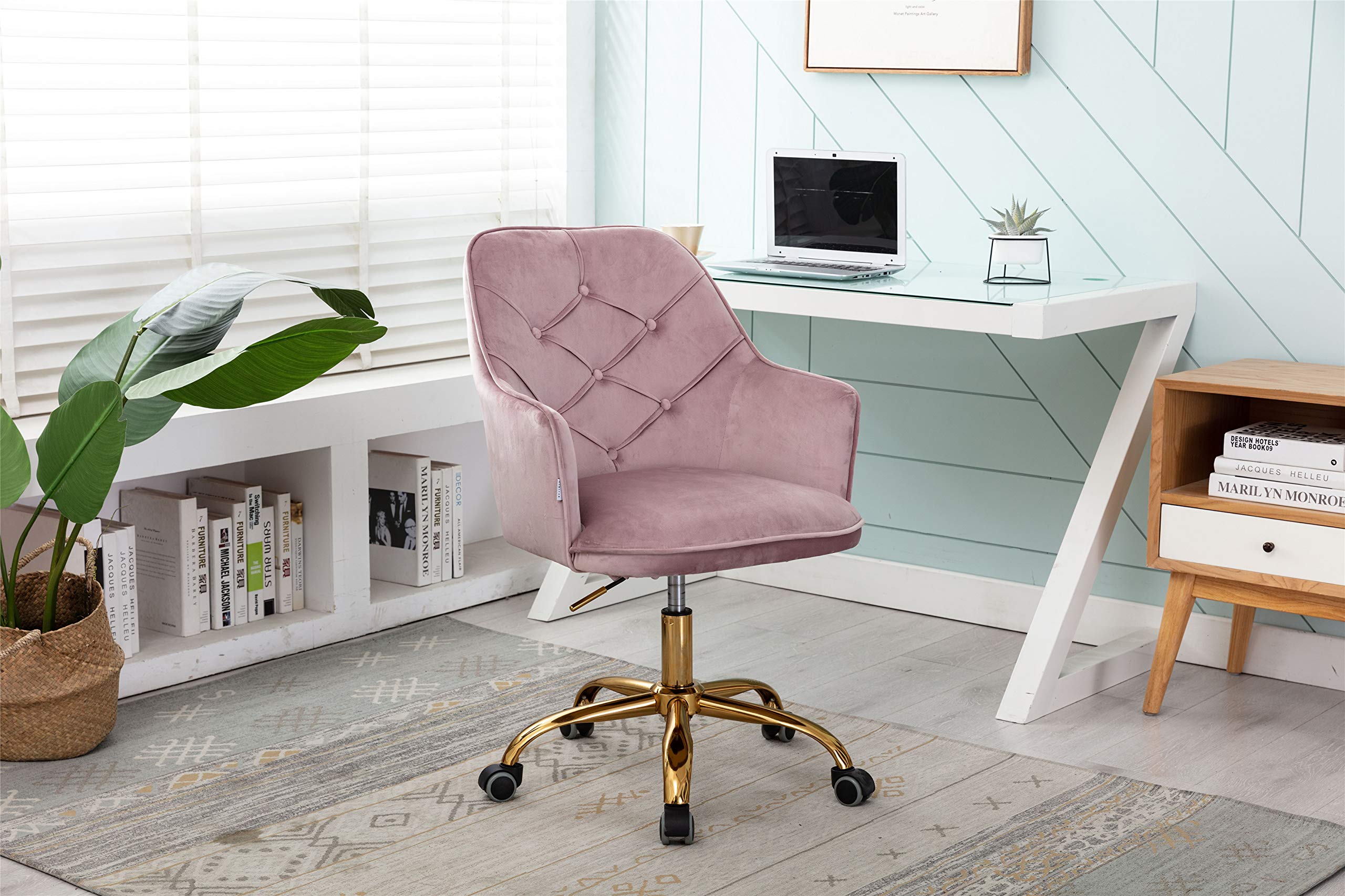 Luxury Velvet Office Chair with Tufted Back - Adjustable Swivel Desk Chair with Golden Metal Base for Home Office, Bedroom & Living Room - Perfect for Working, Gaming & Relaxing