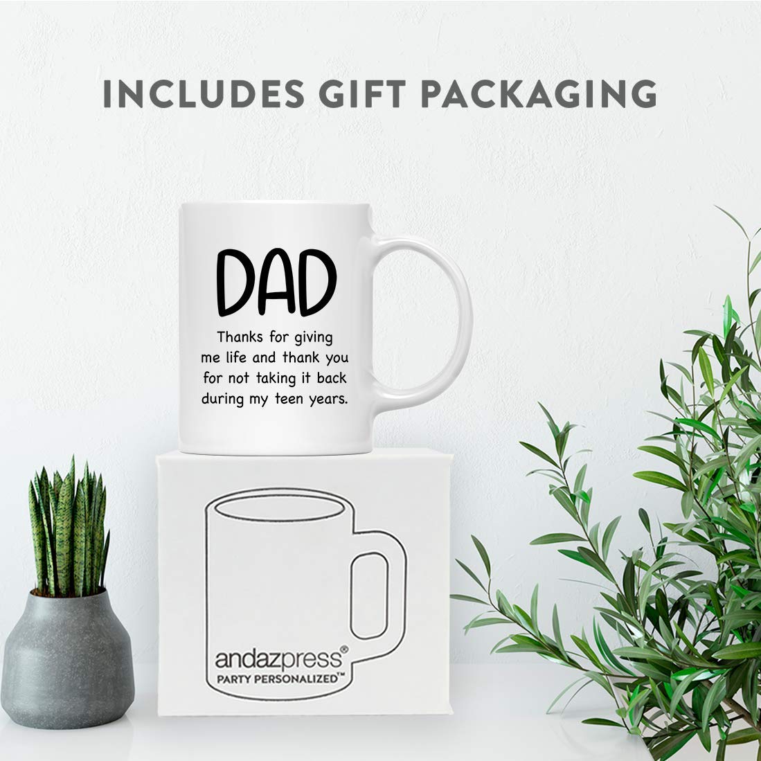 Funny Father's Day Mug - 11oz Ceramic Coffee Tea Cup with Humorous Dad Quote - 'Thanks for Giving Me Life & Not Taking It Back in My Teen Years' - Perfect Gag Gift for Dad's Birthday, Christmas & Special Occasions - Great for Coffee, Tea & Office Use