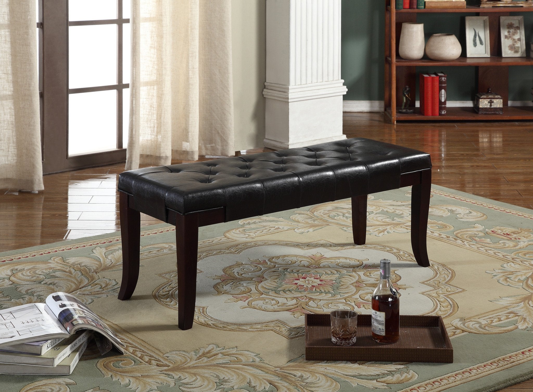 Roundhill Furniture Linon Leather Tufted Ottoman Bench in Espresso Brown - Footrest Storage Ottoman for Living Room, Bedroom & Entryway