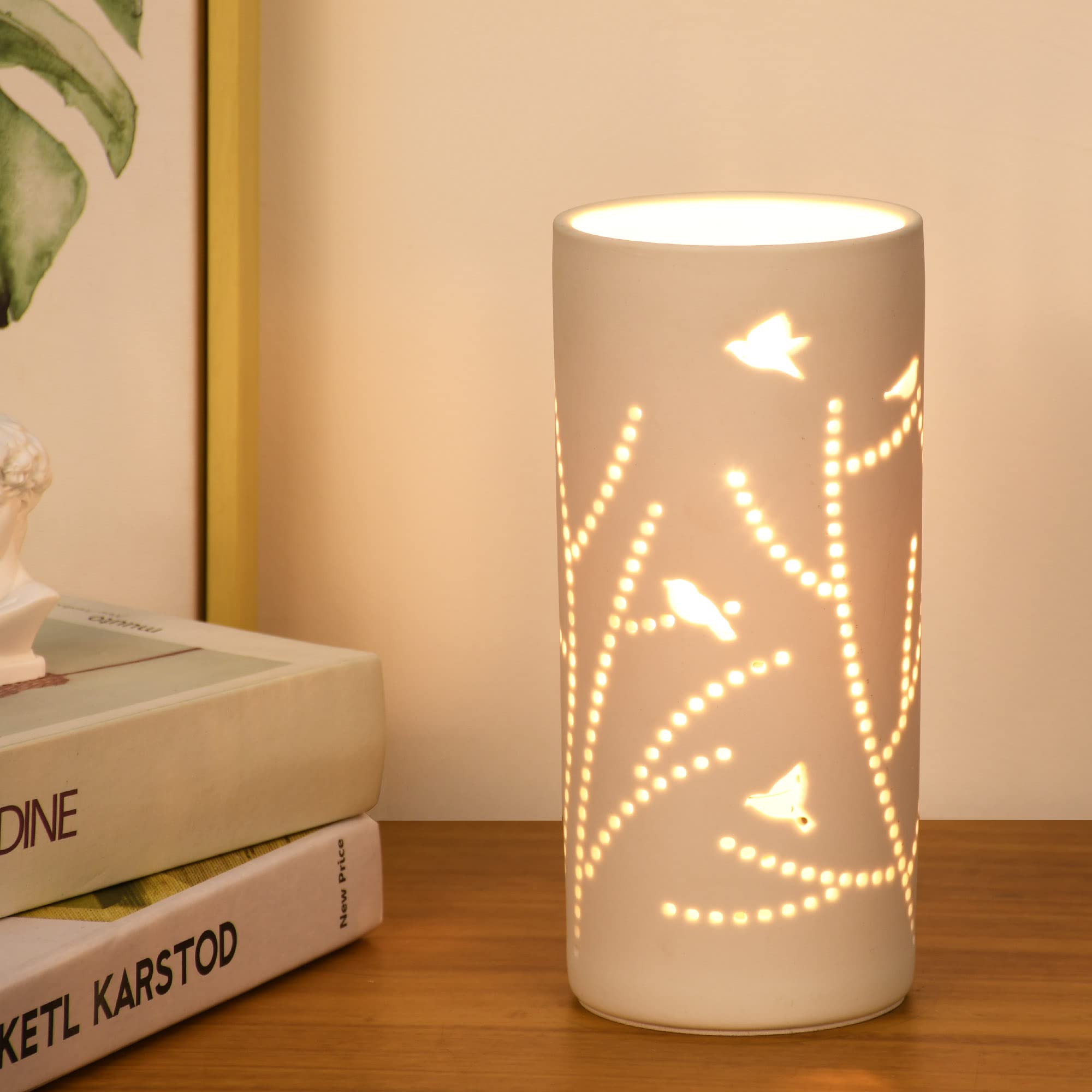 Modern White Ceramic Table Lamp - Carving Tree Design, 3.54