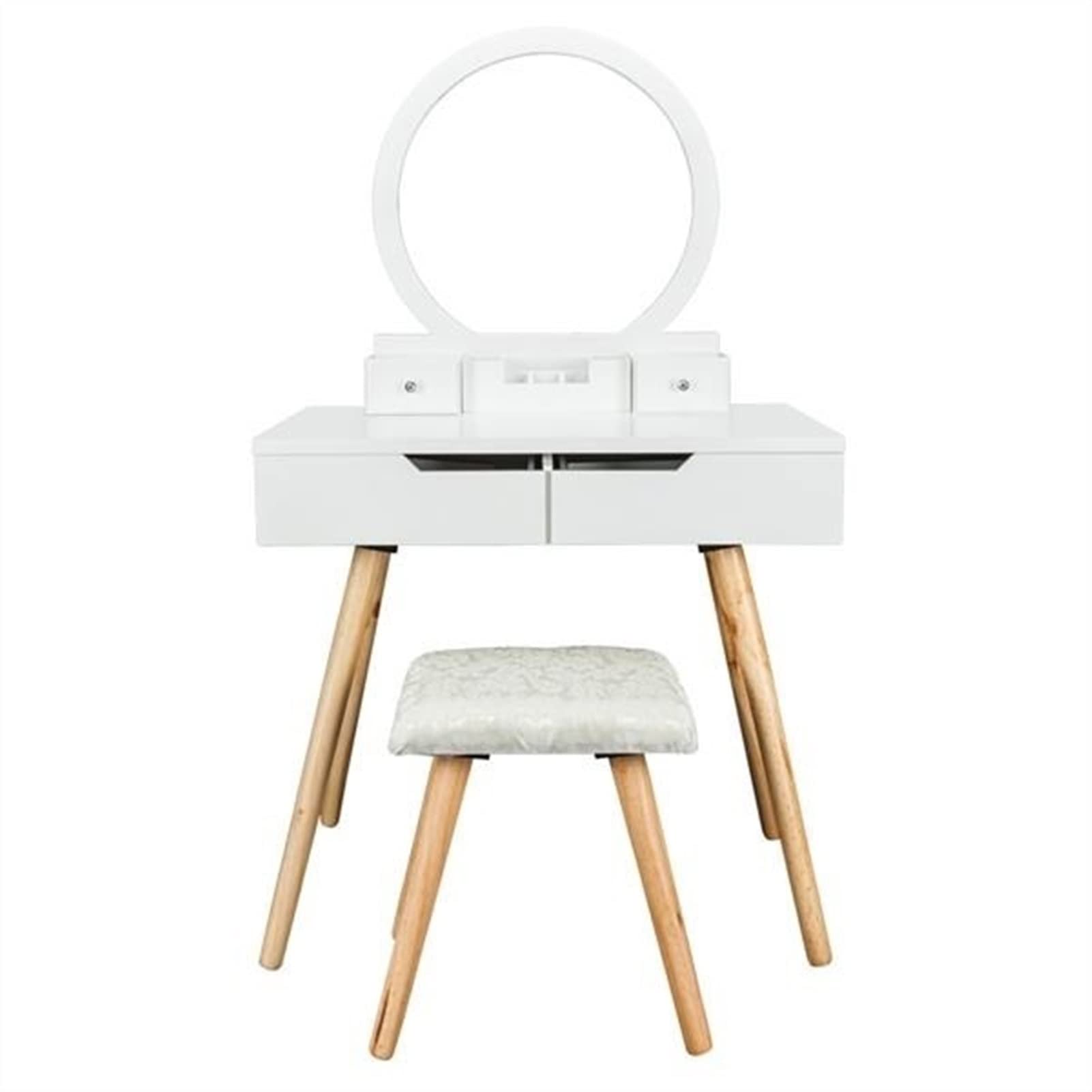 Solid Wood Dressing Table with Round Mirror & 4 Drawers - White Vanity Desk with Stool for Women & Girls | Bedroom Makeup Organizer, Home Decor Furniture