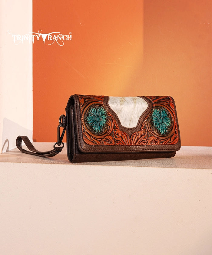 Trinity Ranch Floral Tooled Hair-On Cowhide Leather Wallet for Men & Women - Stylish Western Bifold Wallet for Everyday Use, Travel & Gifts