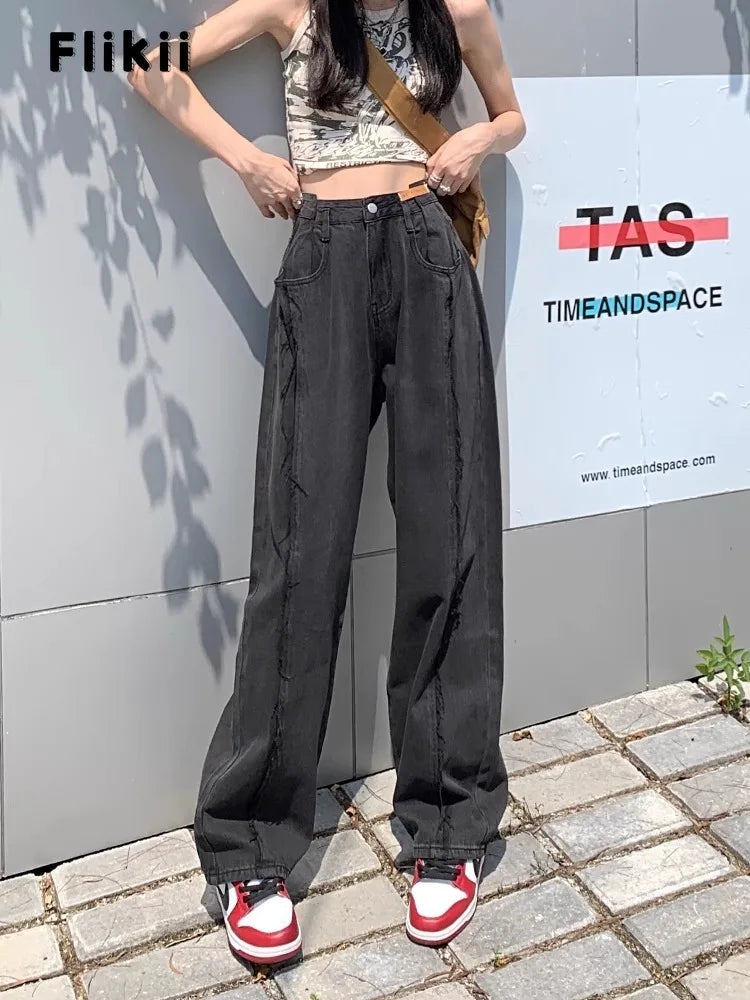 Vintage High Waist Straight Leg Jeans for Women - Retro Y2K Denim Pants with Pockets, Hip Hop Streetwear, Grunge Fashion - Perfect for Casual Outfits, Spring Wear, and Everyday Style