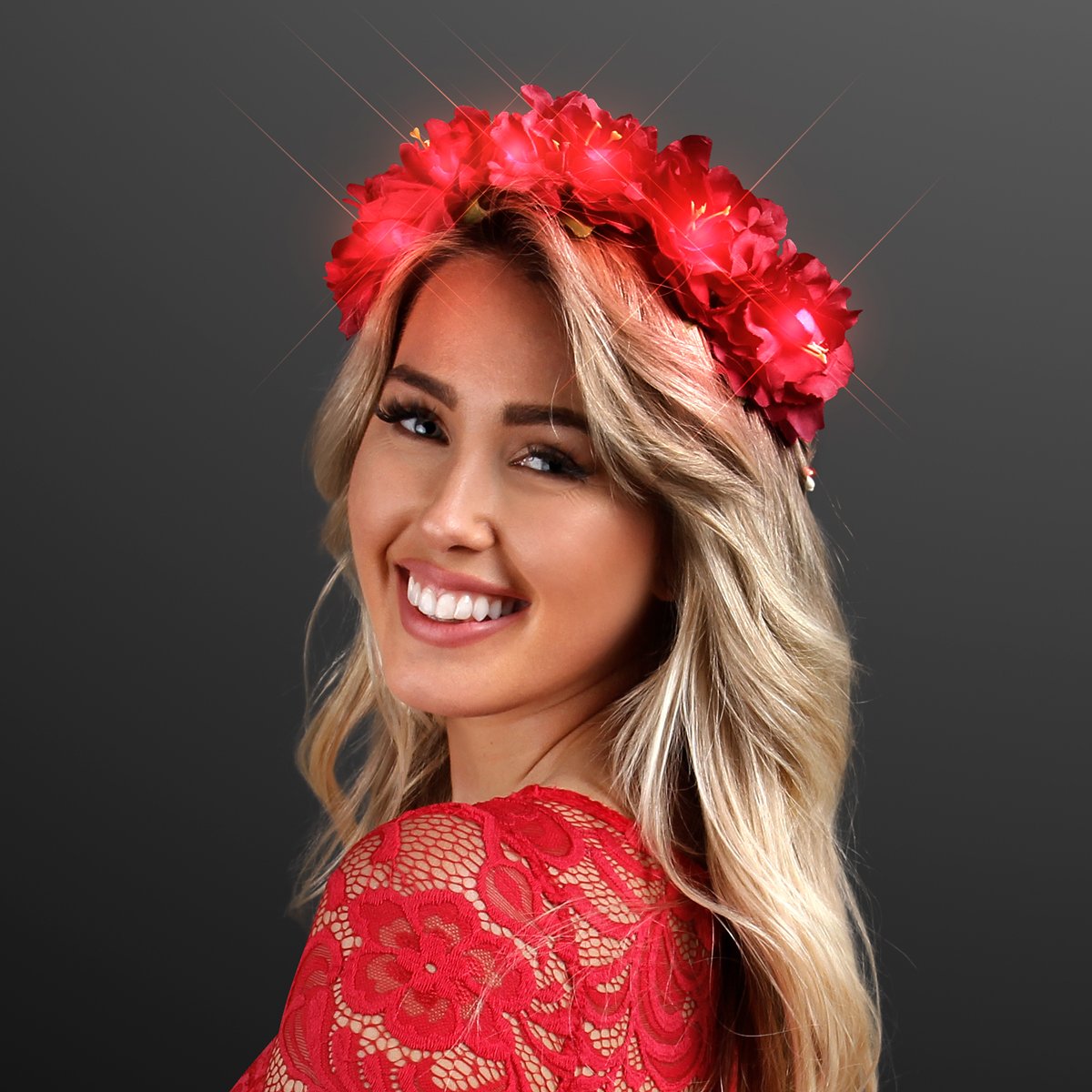 Glow Red LED Flower Crown Headband - Battery Powered Floral Hair Accessory for Halloween, Christmas, Festivals & Cosplay - Perfect for Parties, Raves & Costume Events