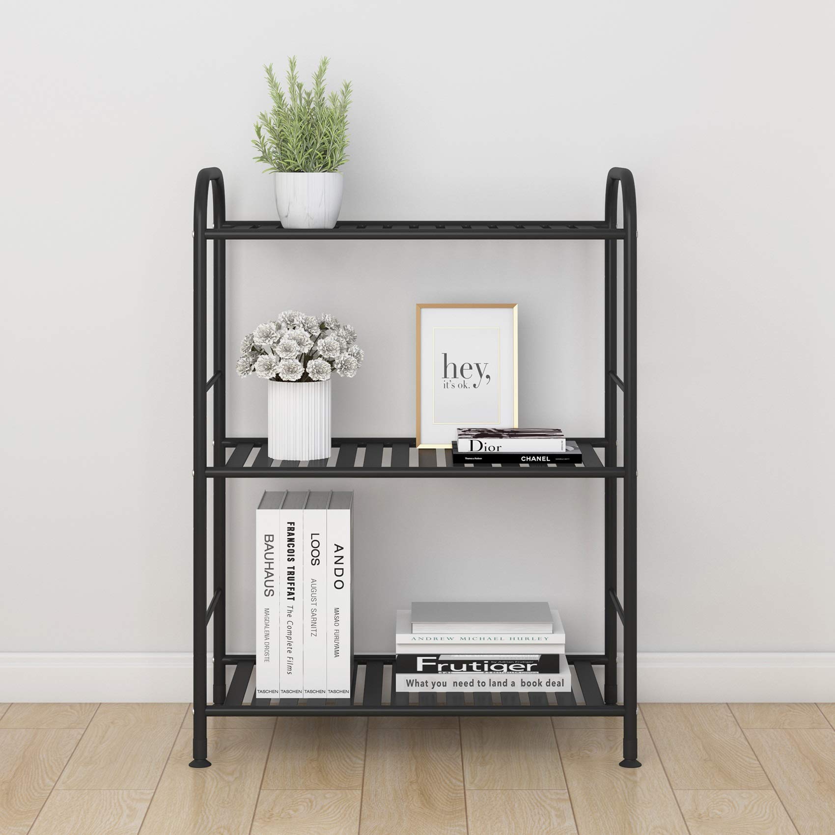 JSB 3-Tier Adjustable Metal Shelf Unit - Heavy Duty Storage Rack Organizer for Kitchen, Bathroom, Living Room & Laundry - Space Saving Corner Shelf (Black) - Perfect for Pantry Organization & Home Storage Solutions