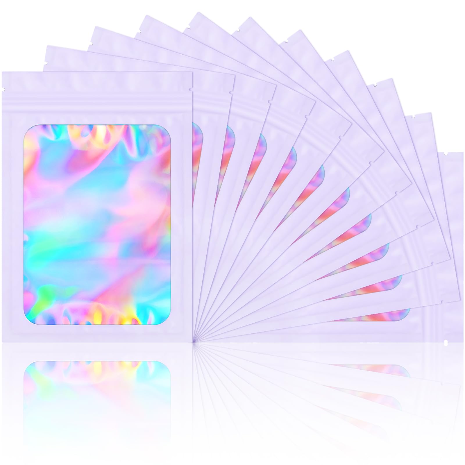 100-Pack Smell Proof Mylar Bags - Resealable Holographic Pouch with Clear Window for Food Storage, Eyelash, Jewelry & Electronics (Purple, 4x6 Inch) | Airtight Packaging for Freshness & Odor Control - Perfect for Home, Travel & Retail Use