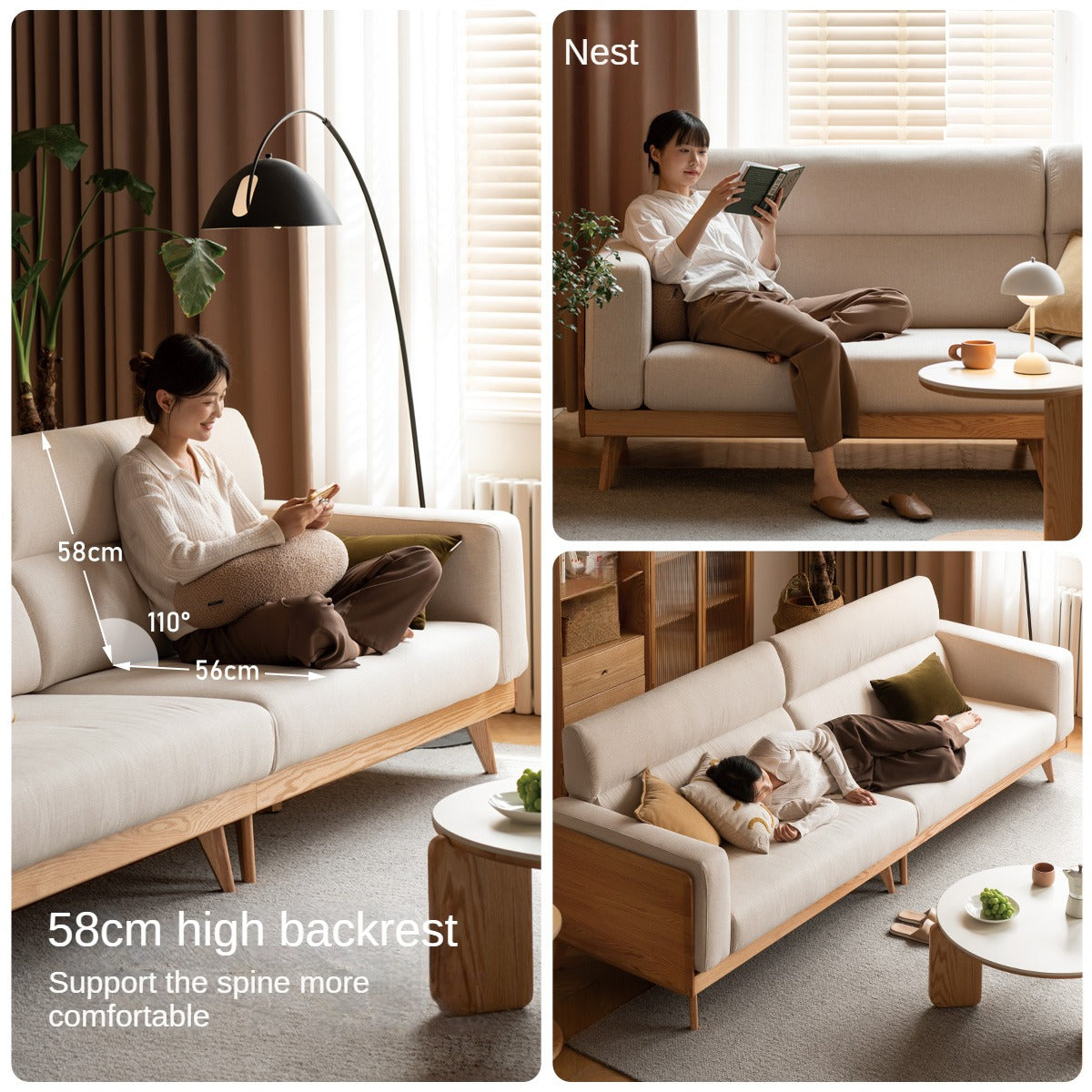 Modern Oak Solid Wood Upholstered Fabric Sofa - Stylish & Durable Living Room Furniture for Home, Office, or Lounge