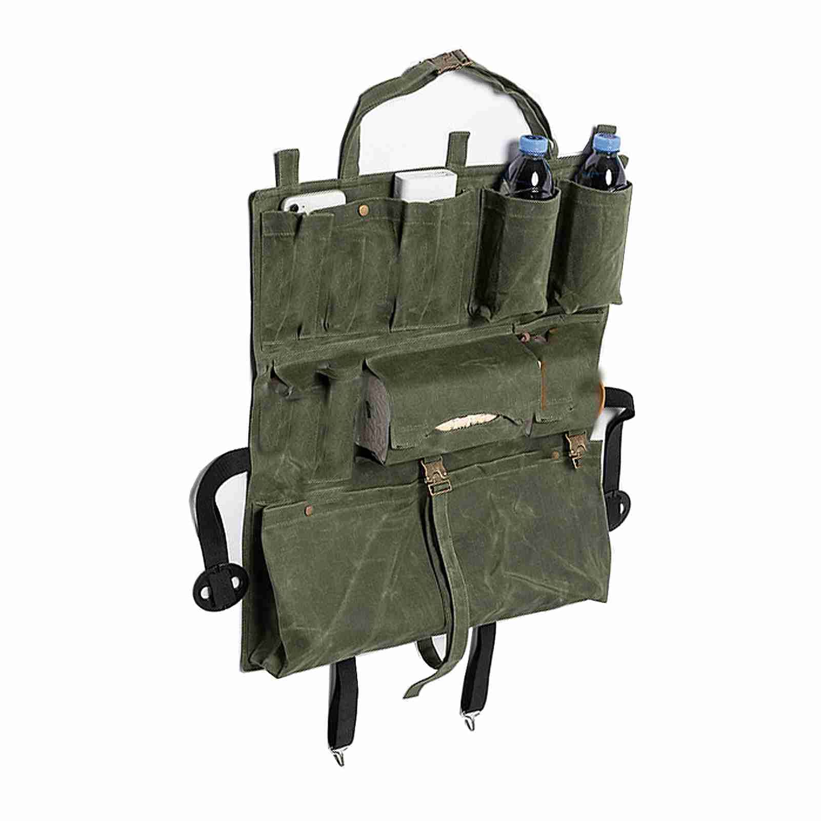 Military Style Tactical Canvas Car Organizer - Hanging Storage Bag with Multiple Pockets for Front Seat, Travel & Camping Gear Organization | Perfect for Road Trips, Outdoor Adventures & Daily Commute