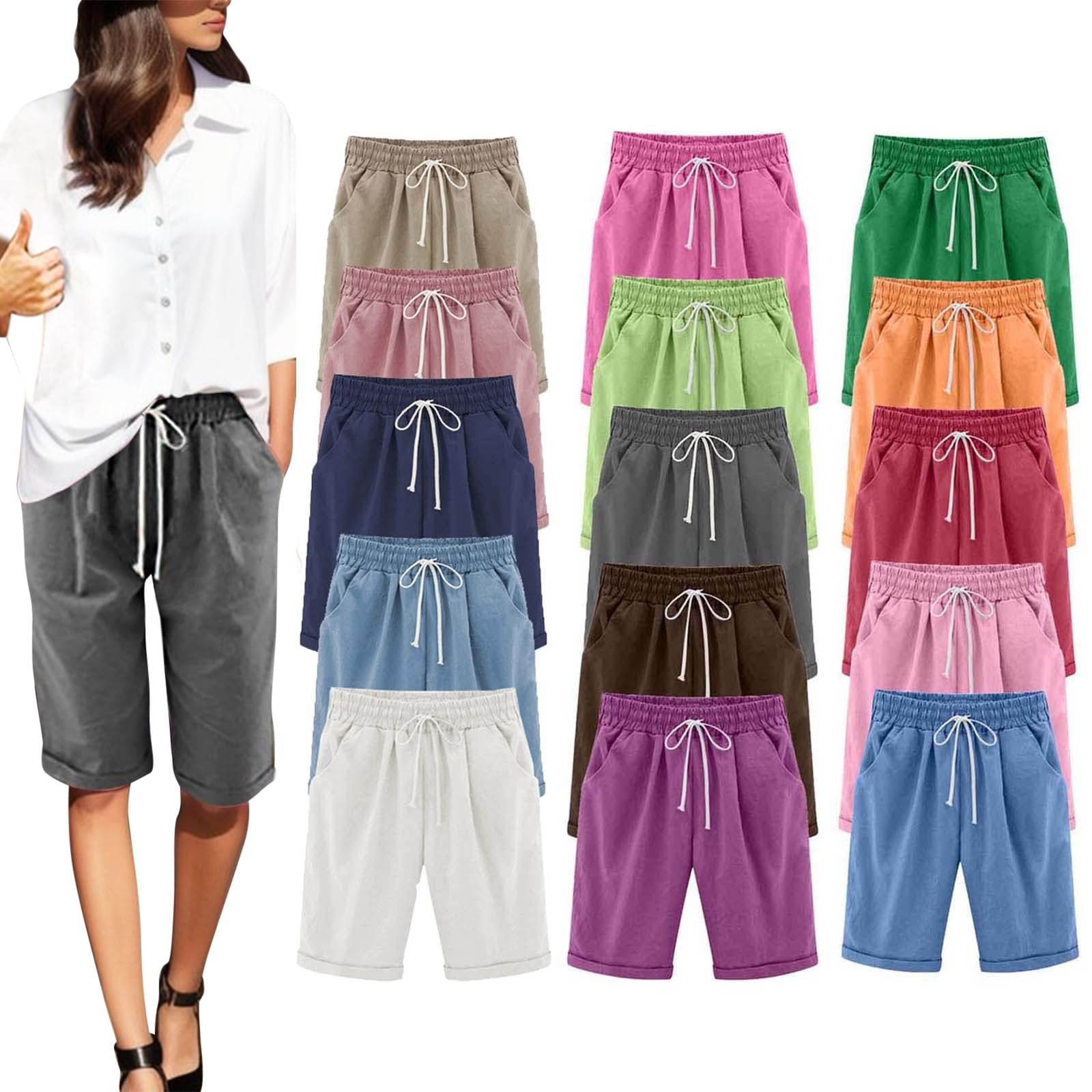 Women's Plus Size Bermuda Shorts - Elastic Waist & Drawstring for Casual Wear