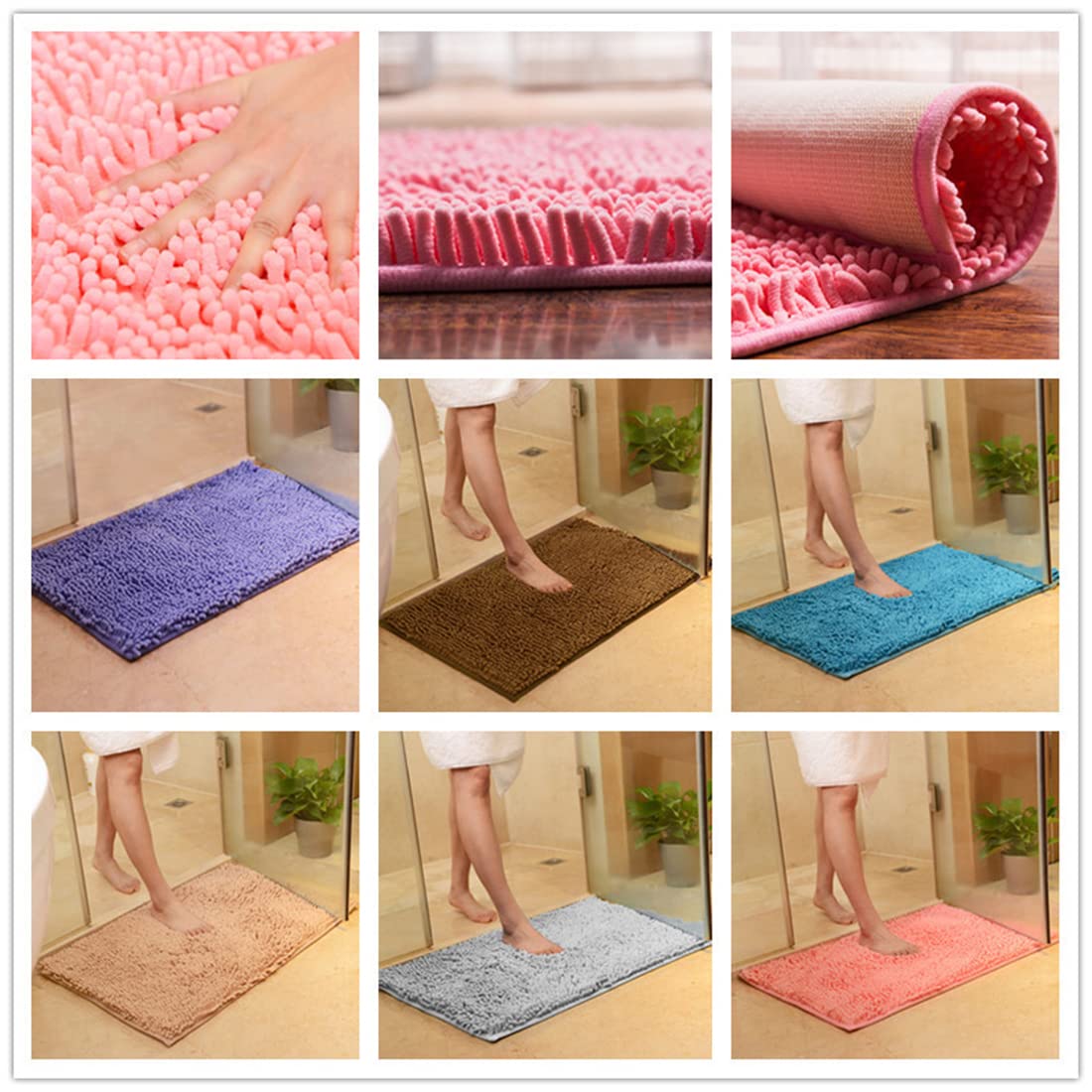 **Soft Absorbent Plush Chenille Bath Rug Mat - Non-Slip Microfiber Shower Mat for Bathroom, Bathtub & Bedroom - Machine Washable, Orange, 16