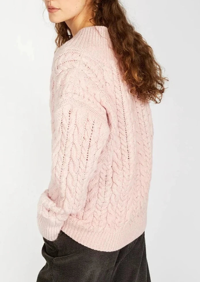 Ireland's Eye V-Neck Aran Sweater for Women | Soft Pink Wool Knit Pullover | Cozy Winter & Fall Fashion | Perfect for Casual Outings, Office Wear & Holiday Gatherings
