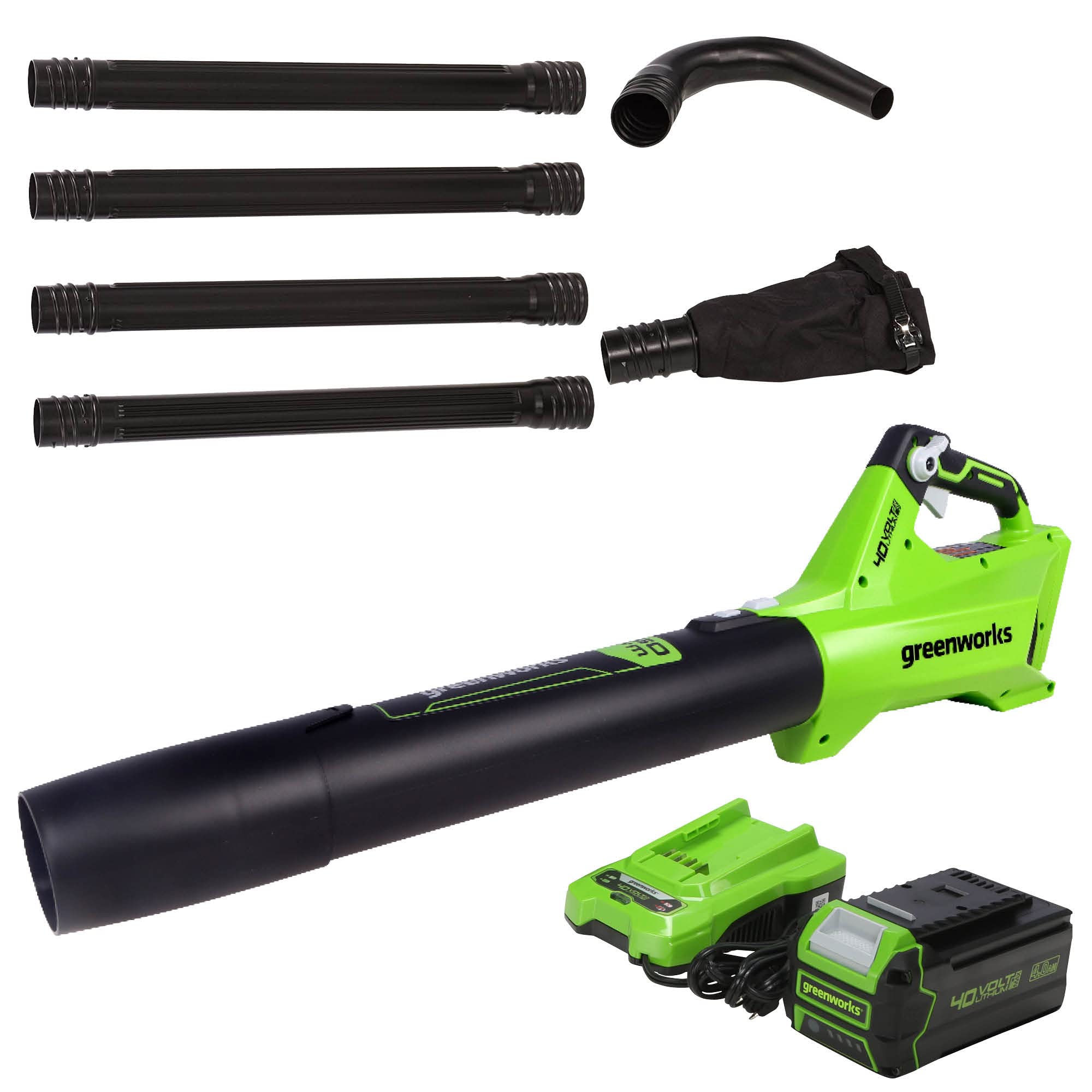 Greenworks 40V Cordless Leaf Blower (120 MPH, 450 CFM) with 4Ah Battery, USB Charger & Gutter Cleaning Kit - Perfect for Yard Cleanup, Driveway Clearing & Roof Gutter Maintenance