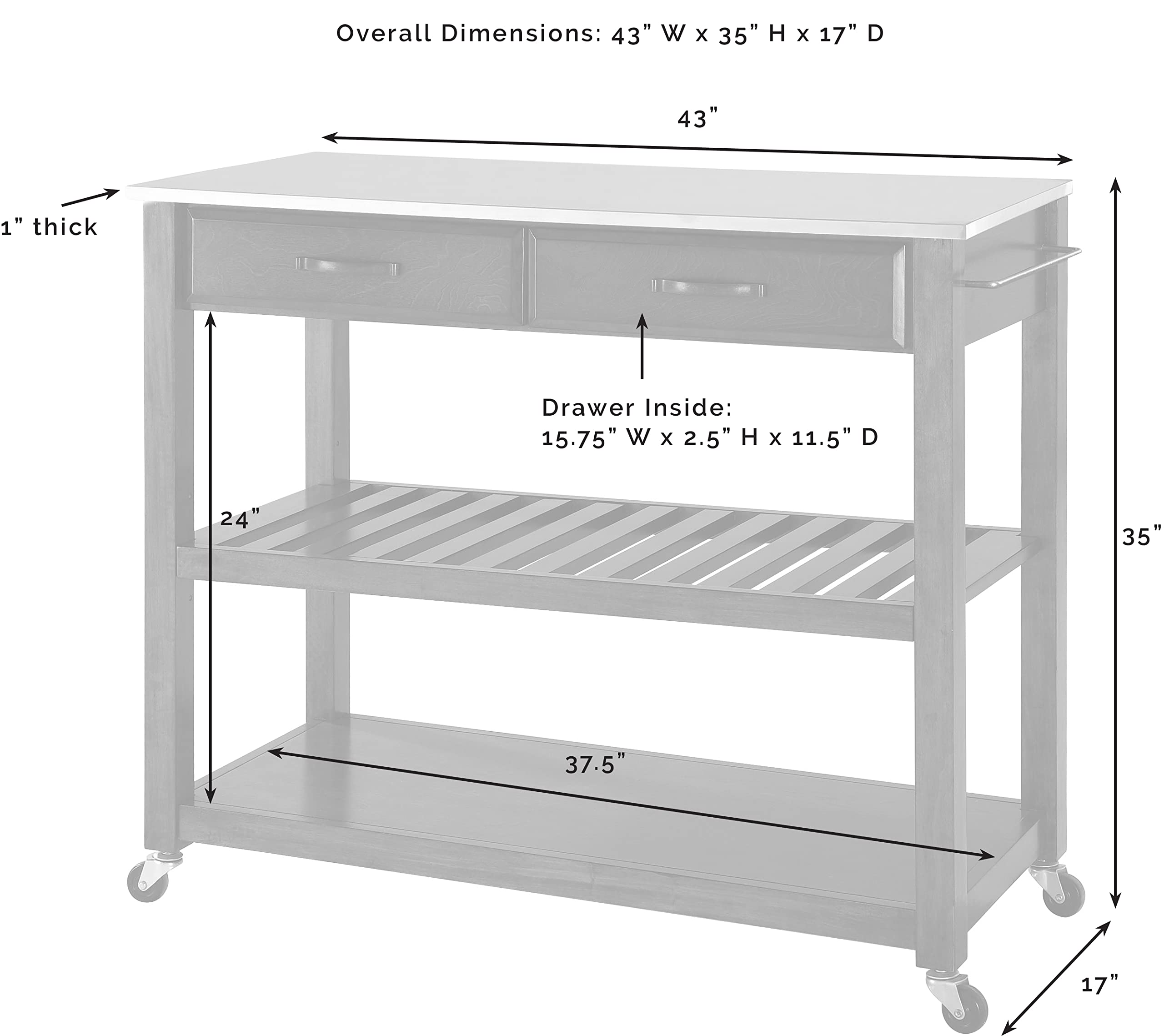 Crosley Stainless Steel Kitchen Cart with Shelves - Microwave Stand, Coffee Bar, Prep Station - Compact Rolling Utility Cart for Small Spaces, Apartments & Dorm Rooms