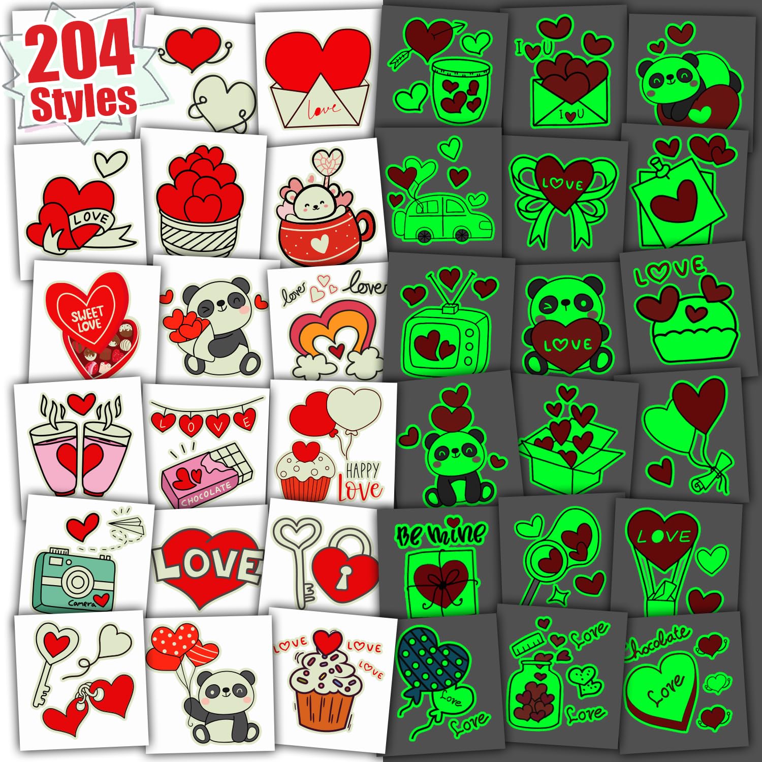 204-Piece Glow in the Dark Valentine's Day Temporary Tattoos for Kids - Individually Wrapped Heart Stickers for Party Favors, Classroom Prizes, Games & Decorations - Perfect for Valentine's Parties, School Events & Gift Exchanges