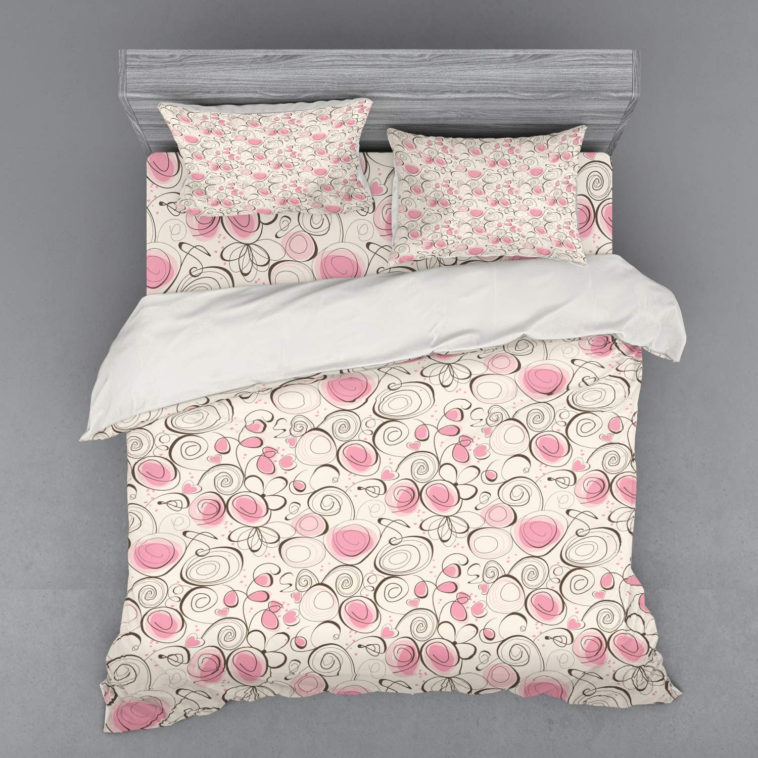 Ambesonne Rose Duvet Cover Set - King Size 4-Piece Bedding with Shams & Fitted Sheet | Doodle Style Swirls, Spirals, Hearts & Dots in Cream Rose & Umber | Romantic & Cheerful Design for Master Bedroom, Guest Room or Dorm Decor