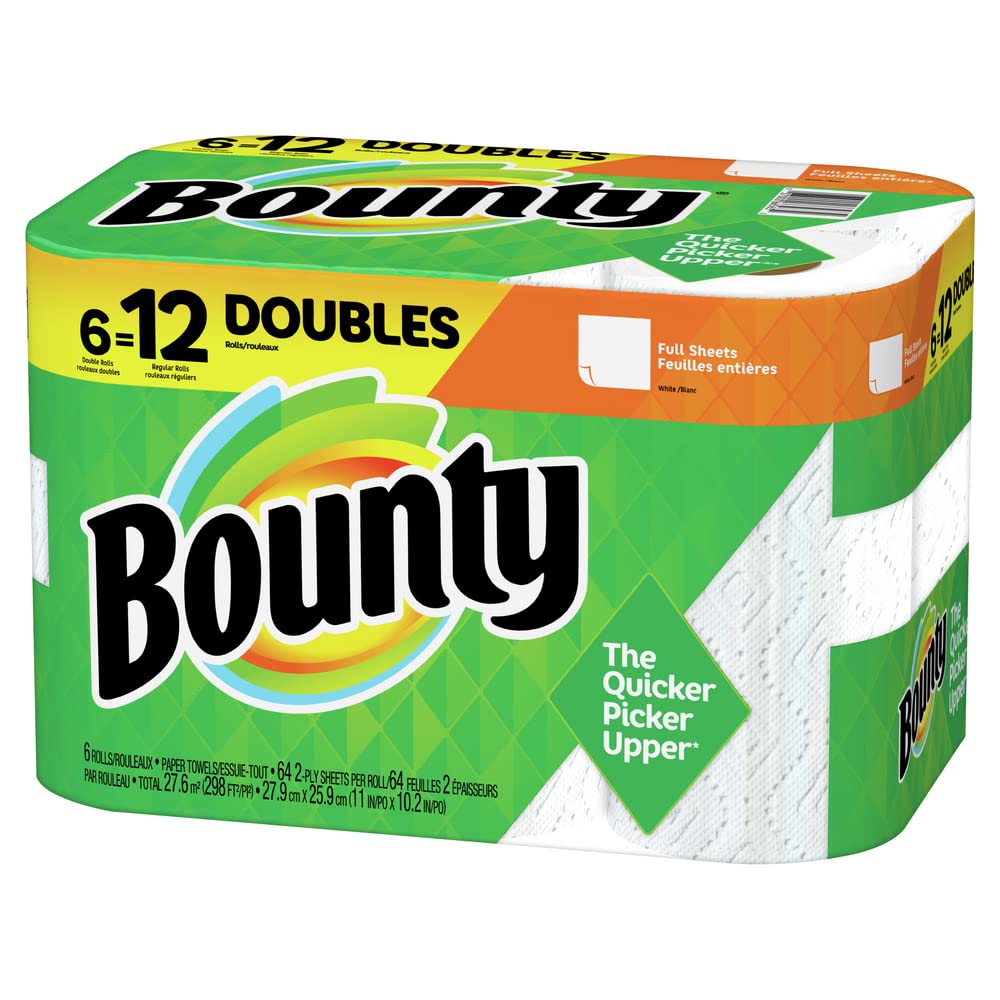 Bounty Full Sheet Paper Towels, White, 6 Double Rolls (12 Regular Rolls) - Ultra Absorbent & Strong for Kitchen, Cleaning & Household Use