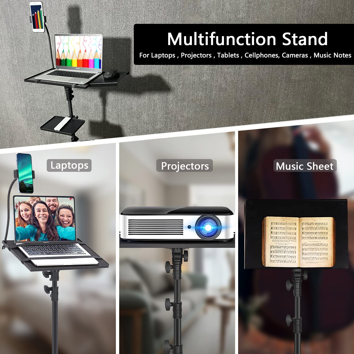 Adjustable Height Projector Tripod Stand with Wheels - Portable Laptop Floor Stand for Office & Home, 2 Shelves, Mouse Tray & Phone Holder - Perfect for Presentations, Music Stands, Treadmill Workstations & Multimedia Use
