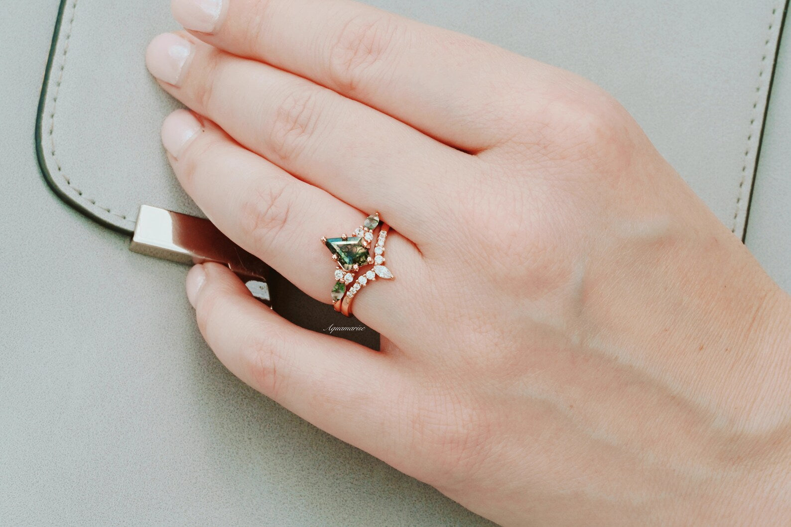 Skye Kite™ Green Moss Agate Ring Set - 14K Solid Rose Gold Jewelry for Women, Nature-Inspired Gemstone Rings for Everyday Wear, Gift for Her, Wedding, Anniversary & Special Occasions