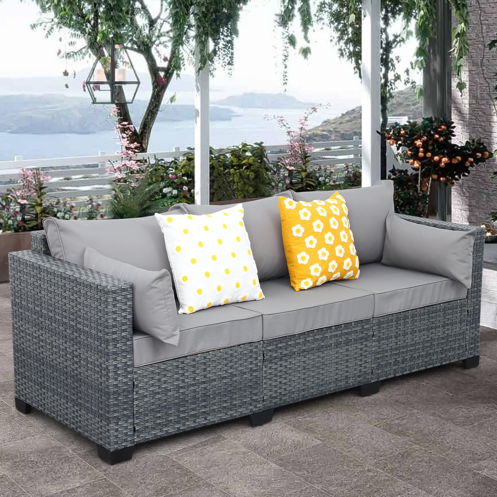 All-Weather PE Rattan Wicker Patio Couch - 3-Seat Outdoor Sofa Set with Gray Cushions, Deep Seating Deck Furniture for Garden, Backyard & Poolside Relaxation