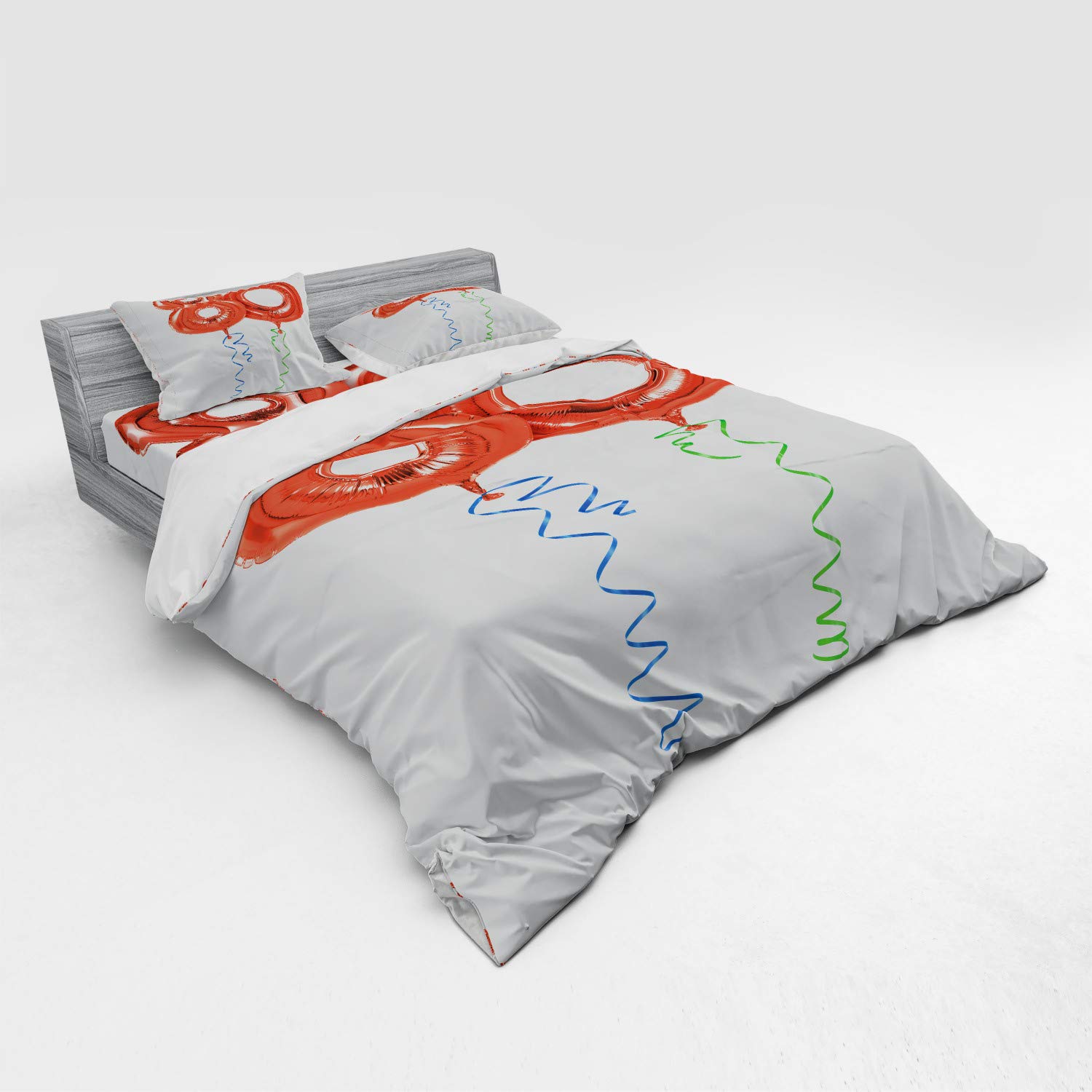 Ambesonne 80th Birthday Duvet Cover Set - Vibrant Balloon & Swirl Print 4-Piece Bedding with Shams & Fitted Sheet, King Size in Red, Green & Blue - Perfect for Grandparent Birthday Parties & Anniversary Celebrations