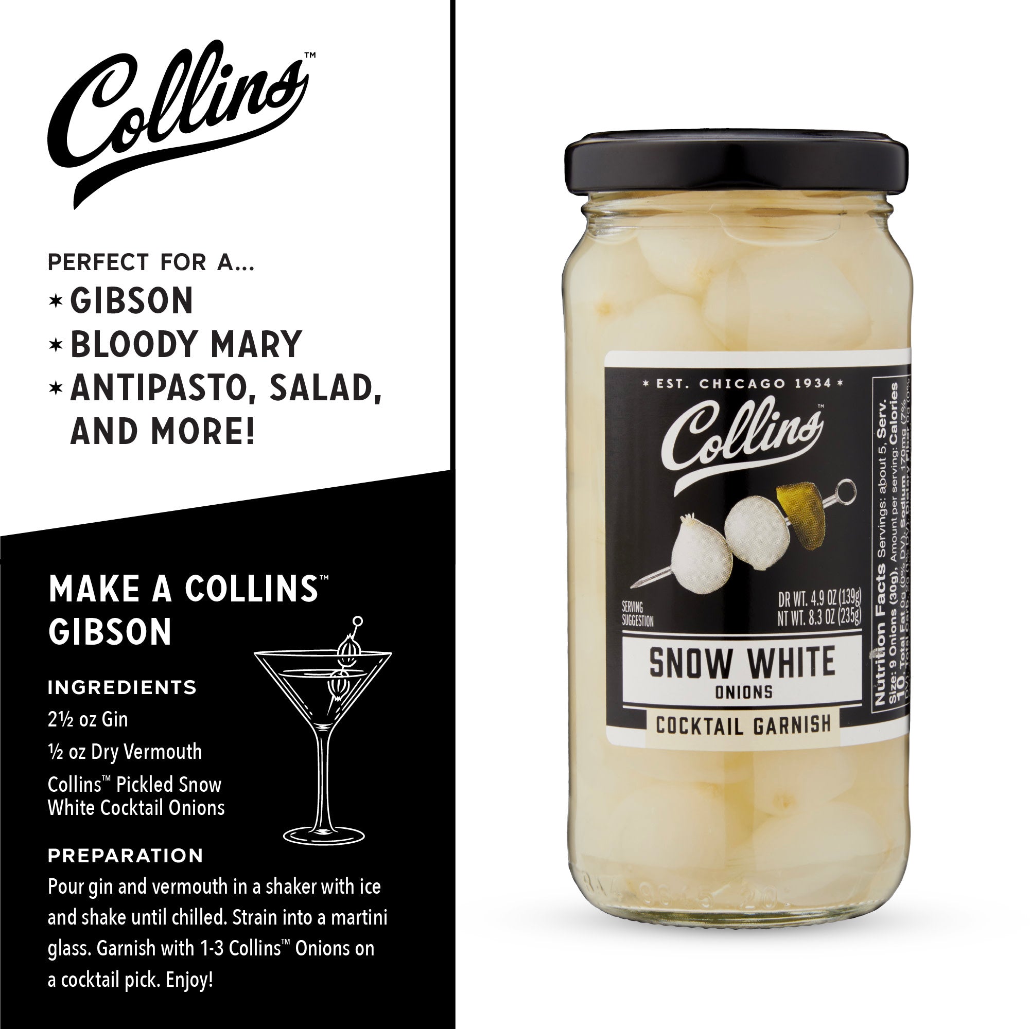 Snow White Cocktail Onions 8 oz - Premium Pickled Pearl Onions for Martinis, Bloody Mary & Cocktail Garnish - Perfect for Home Bars & Party Drink Decorations