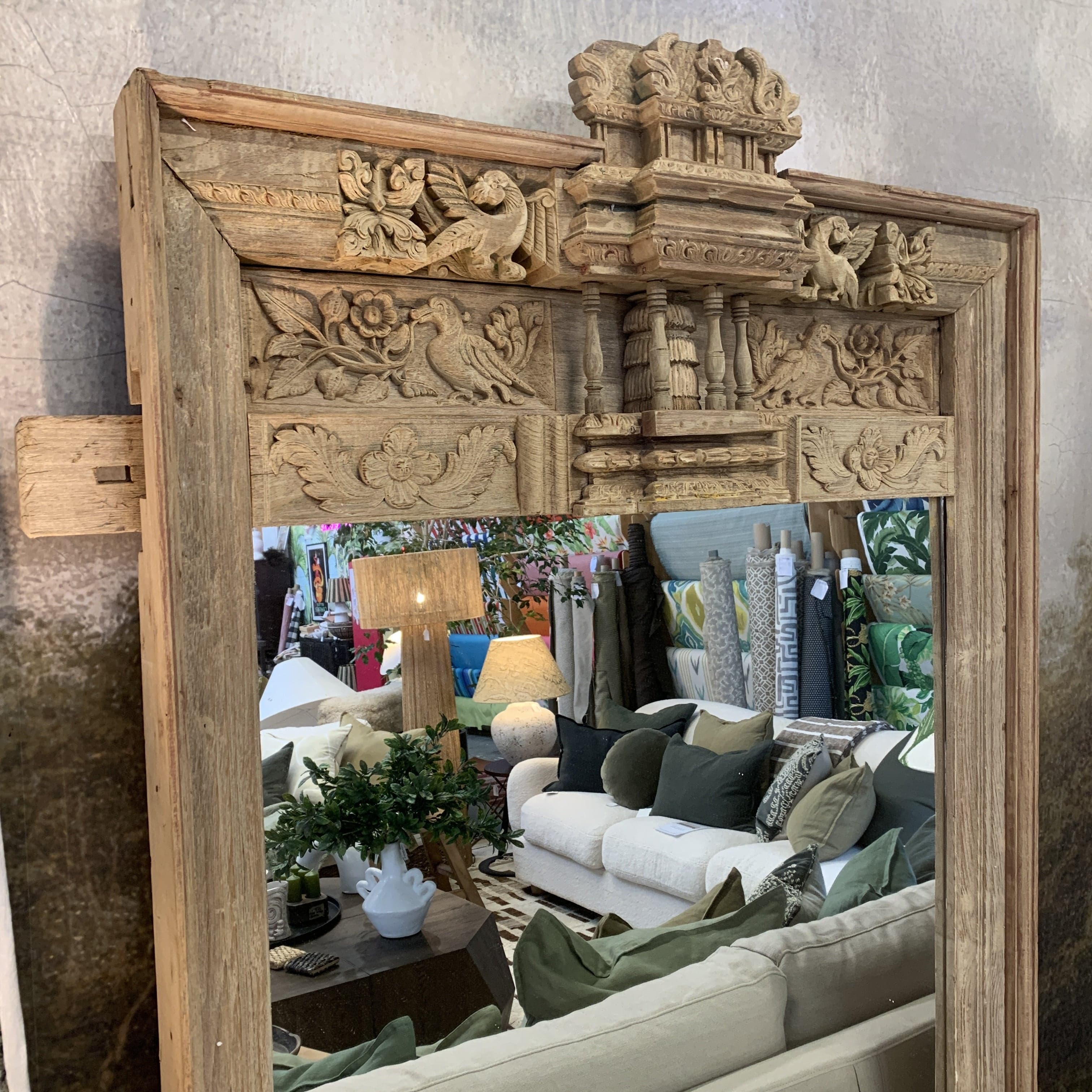 Handcrafted Carved Wooden Wall Mirror - Boho Home Decor for Living Room, Bedroom & Bathroom | Vintage Wood Mirror for Rustic, Farmhouse & Bohemian Style Interiors