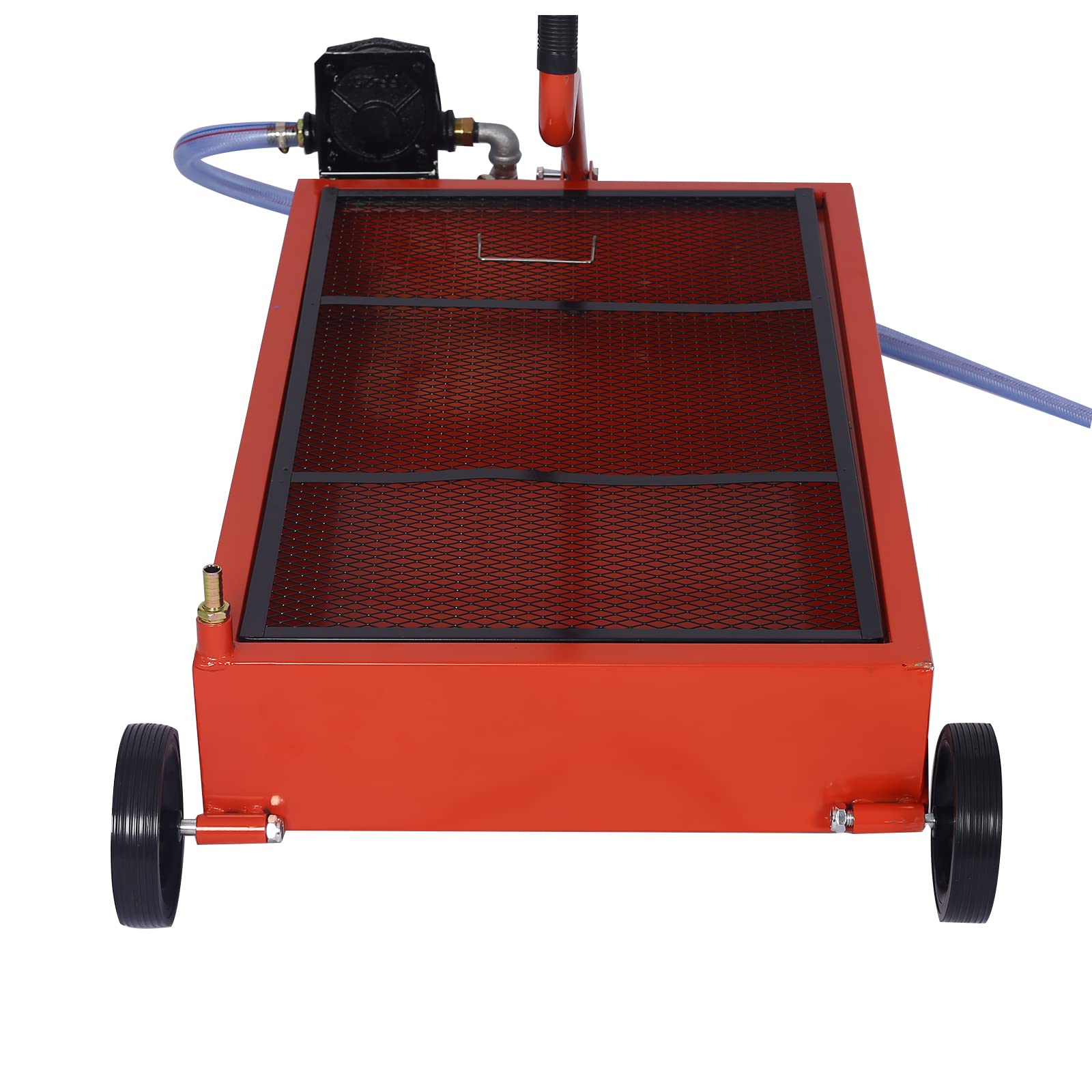 17 Gallon Oil Drain Pan with Hand Pump - Portable Low Profile Oil Change Tank for Cars, SUVs & Trucks - Large Capacity Oil Drain Pan with Hose & Swivel Caster Wheels - Perfect for DIY Auto Maintenance & Garage Oil Changes (Red)