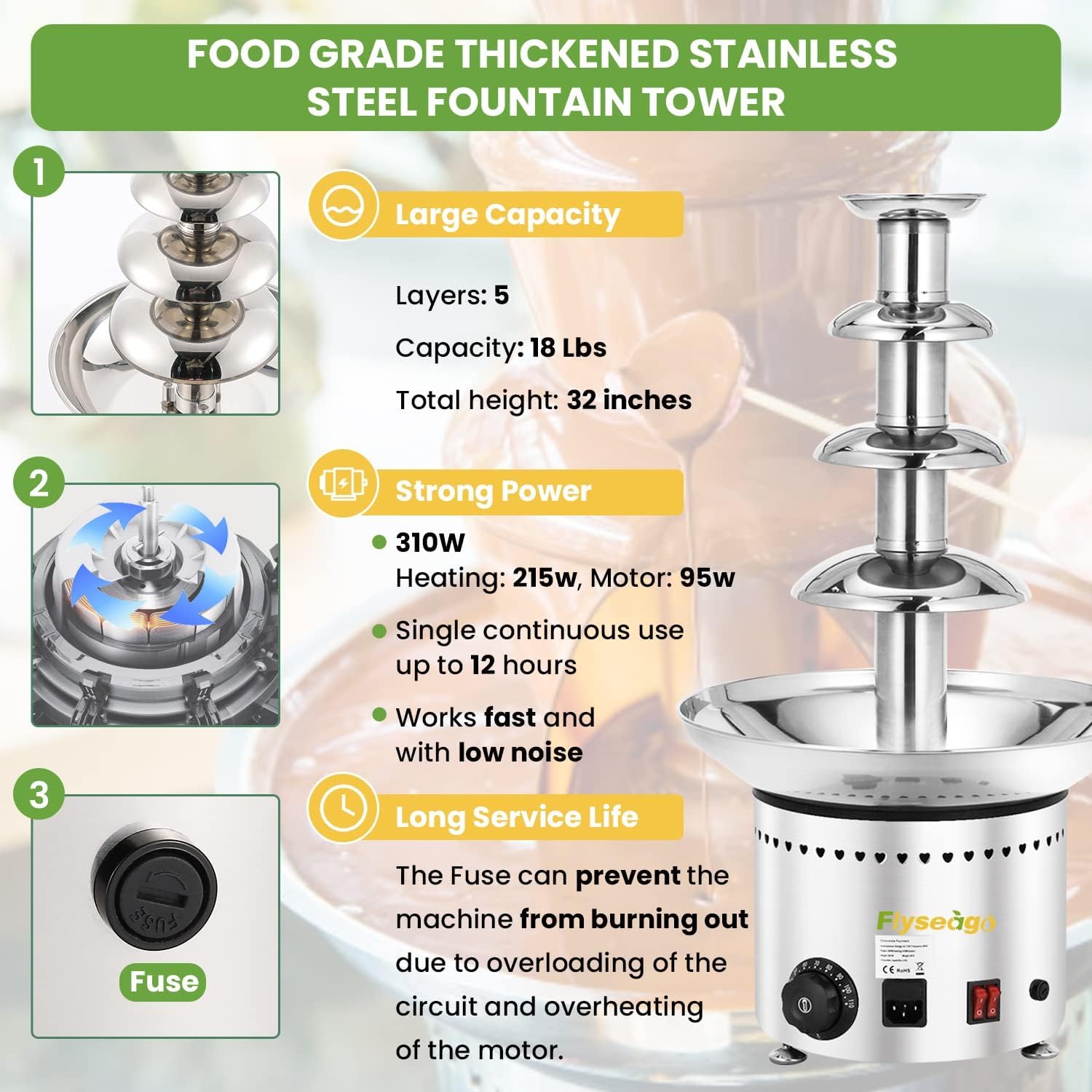 Commercial Chocolate Fountain 4-Tier 11Lbs Capacity - Large Stainless Steel Chocolate Fondue Tower with Knob Control for Nacho Cheese & Hot Chocolate Waterfall - Perfect for Weddings, Parties & Catering Events