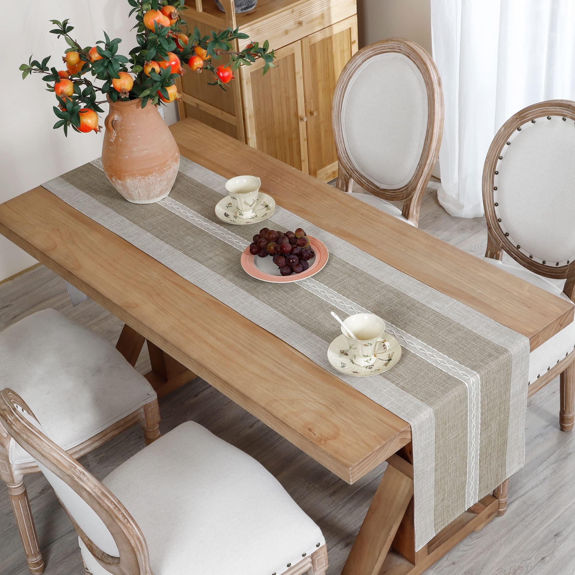 Farmhouse Braided Striped Table Runner - Rustic Embroidery Coffee Table Decor for Weddings, Holidays & Home Decor - 13x72 Inch Brown Table Runner - Perfect for Dining Tables, Centerpieces & Seasonal Decorations