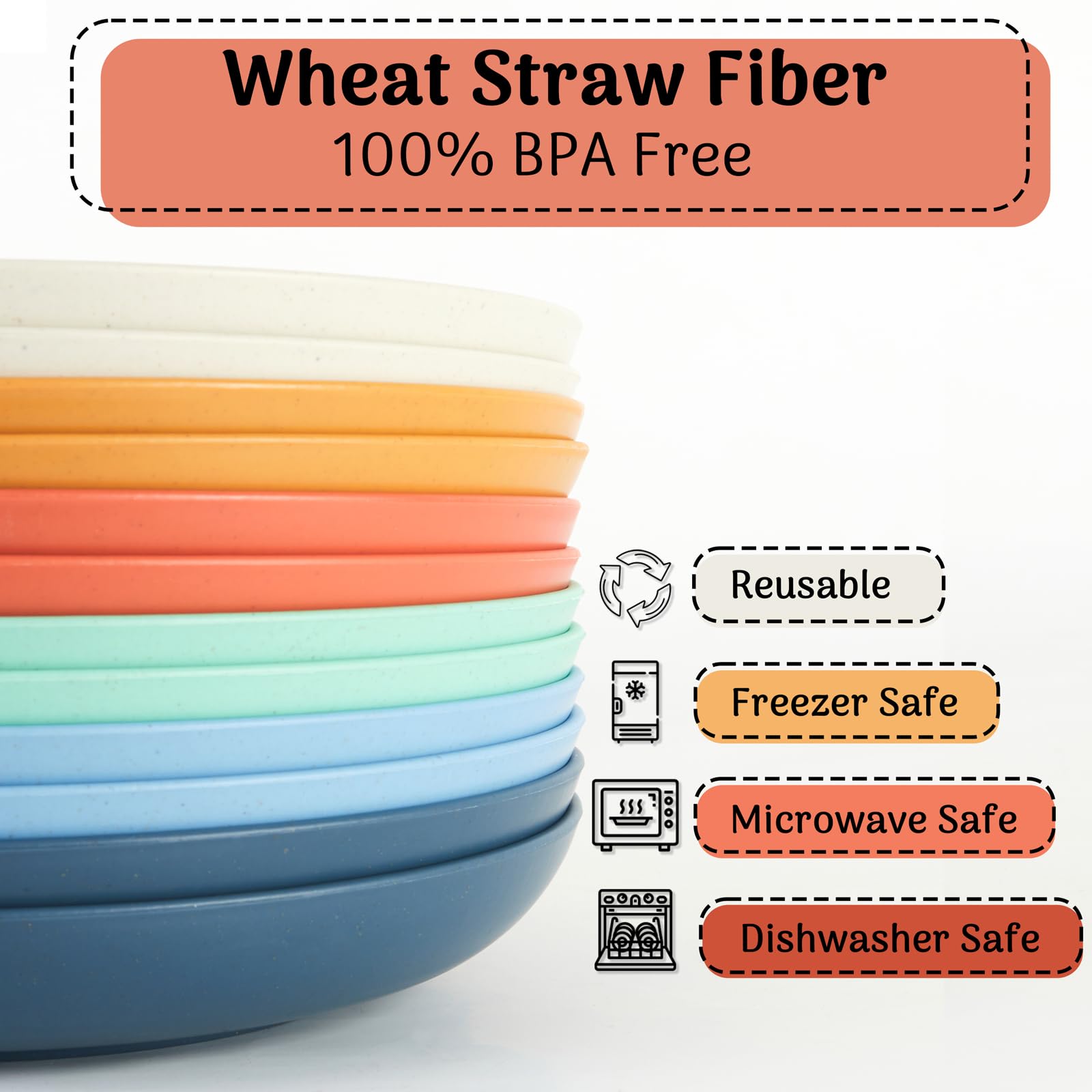 Eco-Friendly Wheat Straw Dinner Plates Set of 12/8 - Unbreakable, Microwave & Dishwasher Safe Plastic Plates - Lightweight Reusable Plates for Kitchen, Camping, Picnics & Daily Use (Dopamine Design, 9 Inch)