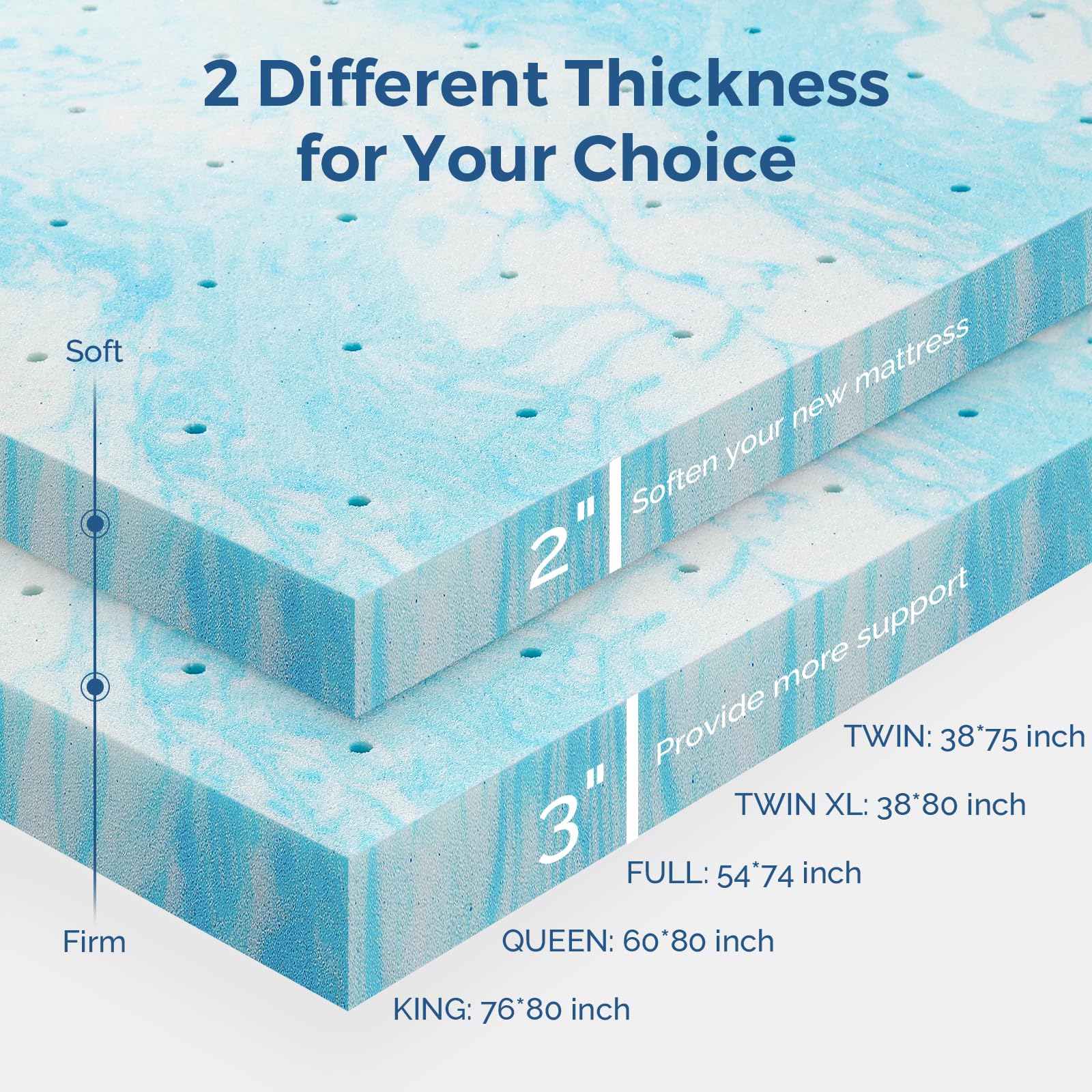 2 Inch Gel Memory Foam Mattress Topper for Twin Size Bed - CertiPUR-US Certified, Cooling & Pressure Relief, Blue - Perfect for Guest Beds, Dorms & Back Pain Sufferers