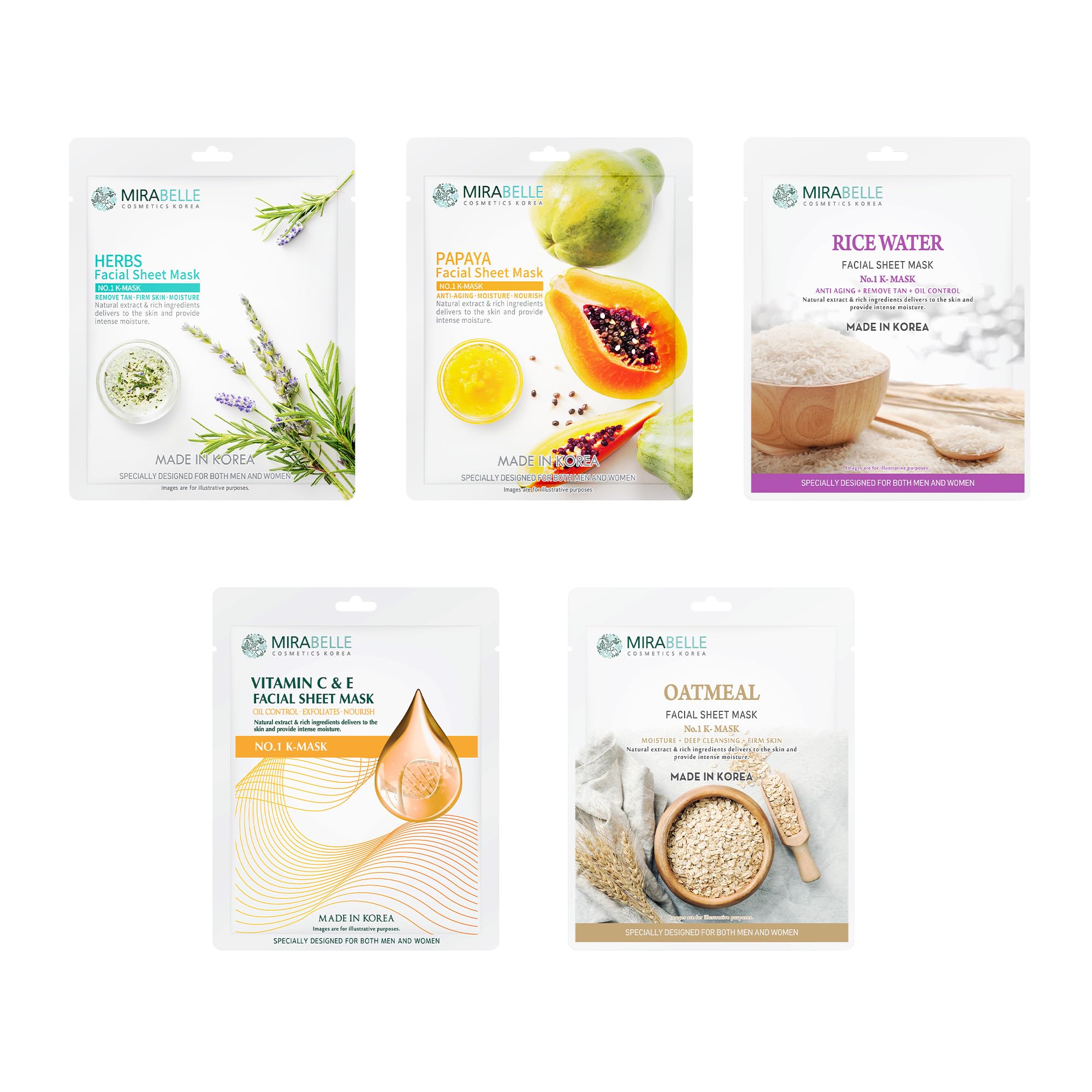 Mirabelle Brightening Facial Sheet Mask Pack of 5 - Hydrating & Glowing Skin Care Treatment for Women - Perfect for Daily Use, Spa Day, or Travel Skincare Routine