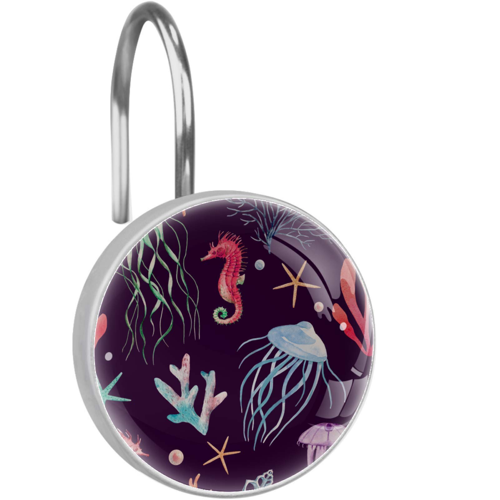 Nigel Shower Curtain Hooks - 12 Pack Rustproof Metal Hooks with Shell, Coral, Starfish, Pearl, Jellyfish & Seahorse Designs - Decorative Bathroom Accessories for Beach & Coastal Theme Showers