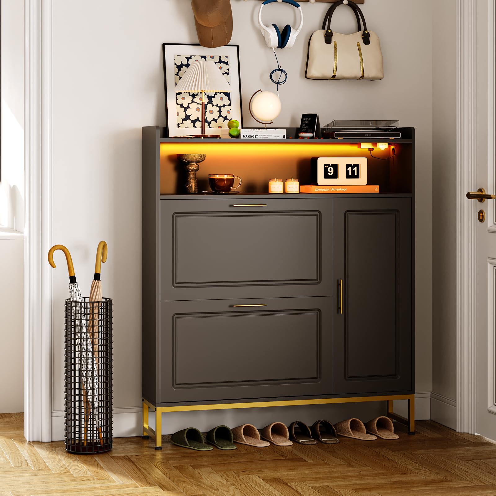 Freestanding Shoe Storage Organizer with 2 Flip Drawers, Side Cabinet, LED Light & USB Charging Station - Adjustable Shelf, Metal Legs - Perfect for Entryway, Hallway, Living Room & Small Spaces - Black