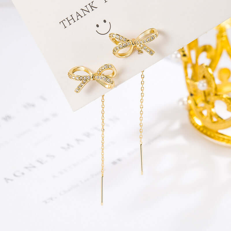 Gold Bow Tassel Fringe Threader Earrings for Women - Elegant Dangle Drop Earrings for Parties, Weddings & Special Occasions | R0016