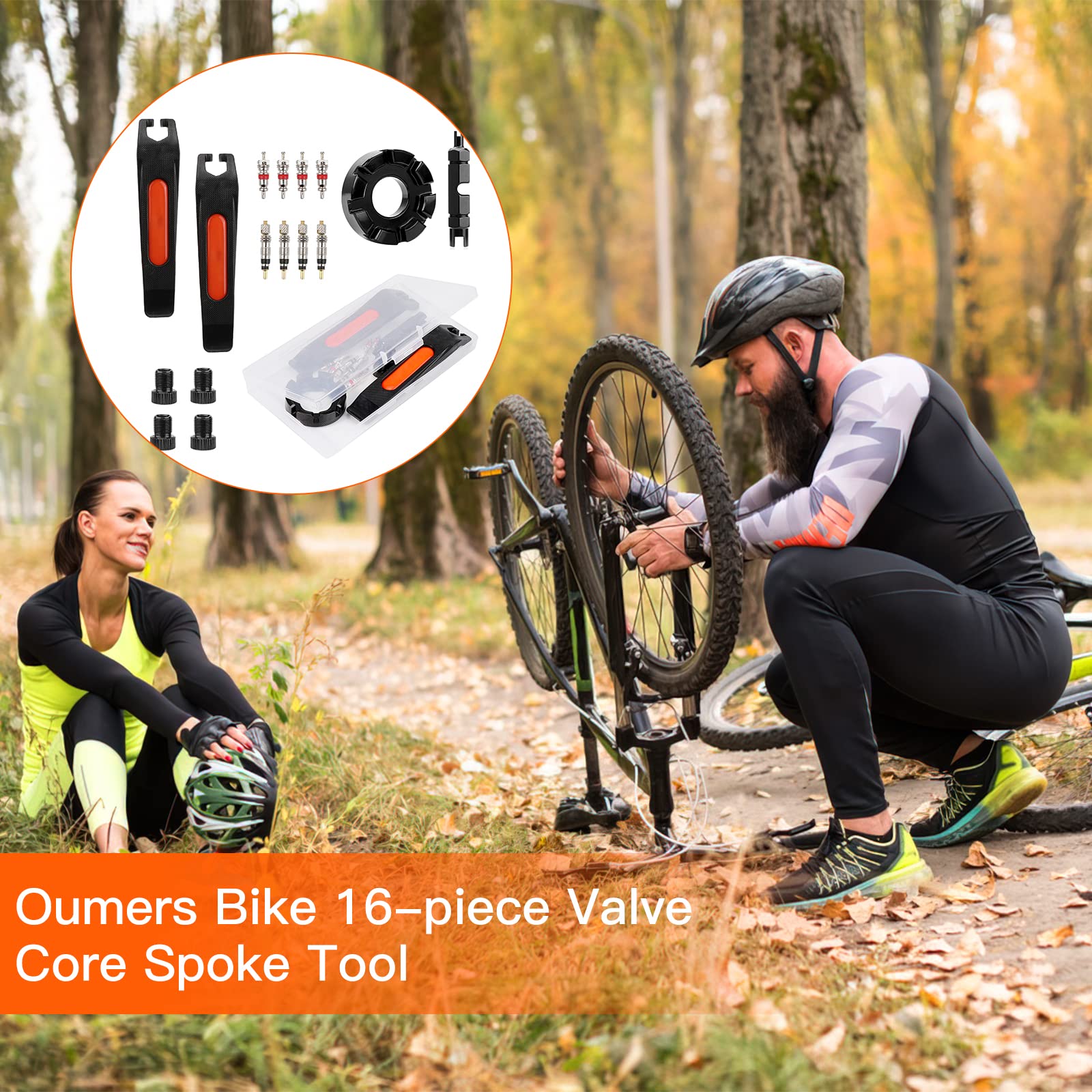 Oumers 16-Piece Bike Valve Core & Spoke Tool Kit - Includes Bicycle Spoke Wrench, Valve Core Wrench, Presta/Schrader Valve Cores & Caps, Valve Adapter & Tire Levers - Perfect for Bicycle Maintenance & Roadside Repairs
