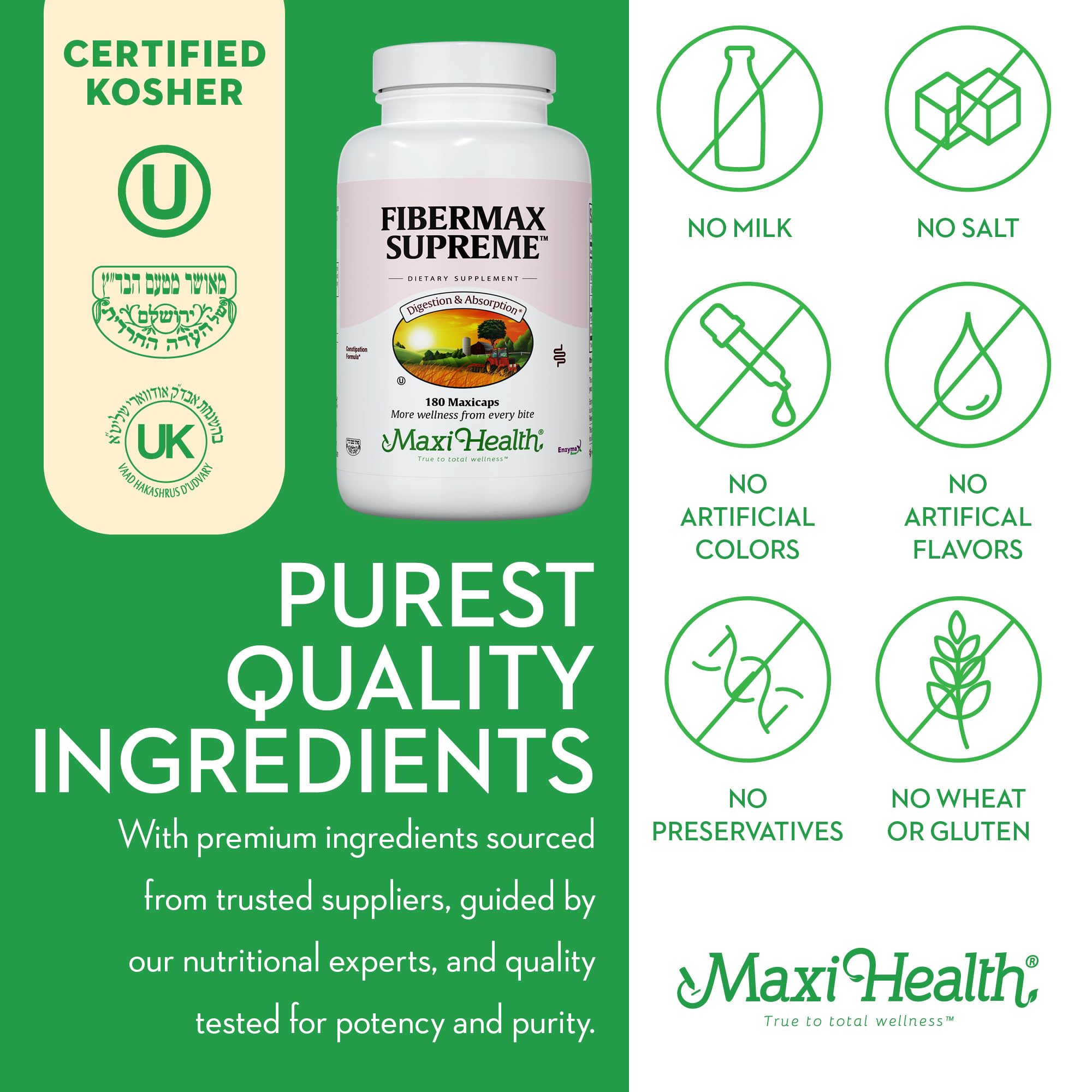 Maxi Health Maxi Fiber Kosher Daily Supplement - 1500mg Psyllium Husk Fiber Capsules for Digestive Health & Weight Management, 180 Count (Pack of 1) | Supports Regularity & Gut Health for Active Adults & Seniors