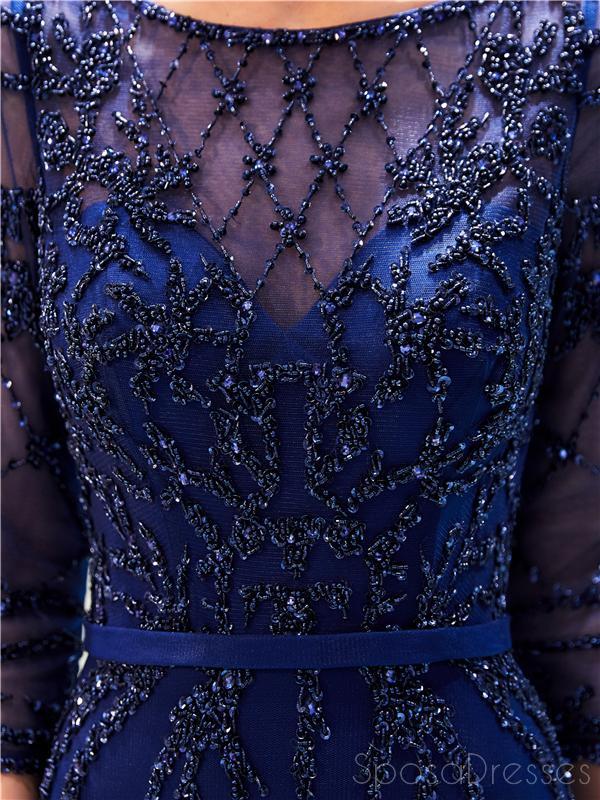 Elegant Navy Long Sleeve Lace Beaded Prom Dress for Evening Party & Formal Events - Perfect for Homecoming, Ball Gowns & Special Occasions - Style 12052