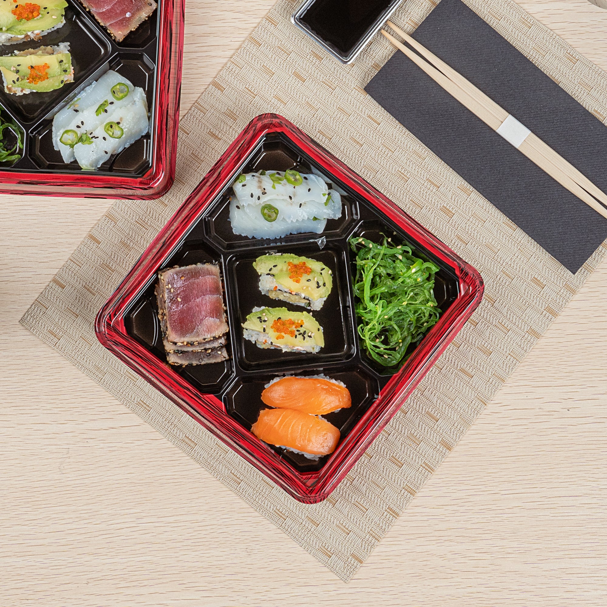 Bento Tek 19 oz Square Red and Black Plastic Bento Box with 5 Compartments | 8.5