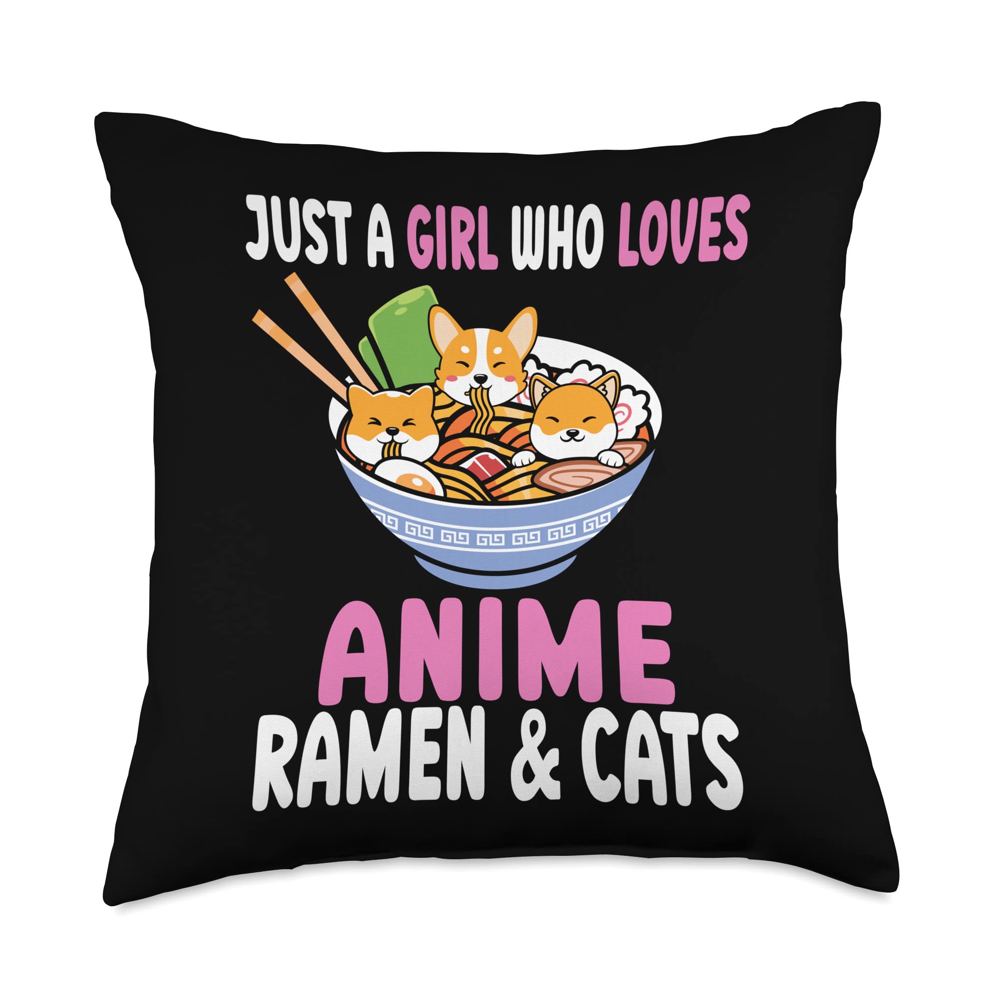 Anime Ramen & Cats Manga Kawaii Girl Throw Pillow 18x18 - Cute Japanese Pop Culture Home Decor for Bedroom, Living Room, Dorm