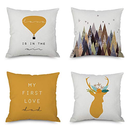 VenusL Set of 4 Nordic Earth Yellow & White Decorative Throw Pillow Covers - Deer Head, Mountain, Forest, Hot Air Balloon Designs - One-Side Printed Cotton Linen 18x18 Inch (45x45cm) - Perfect for Living Room, Bedroom Sofa & Home Decor