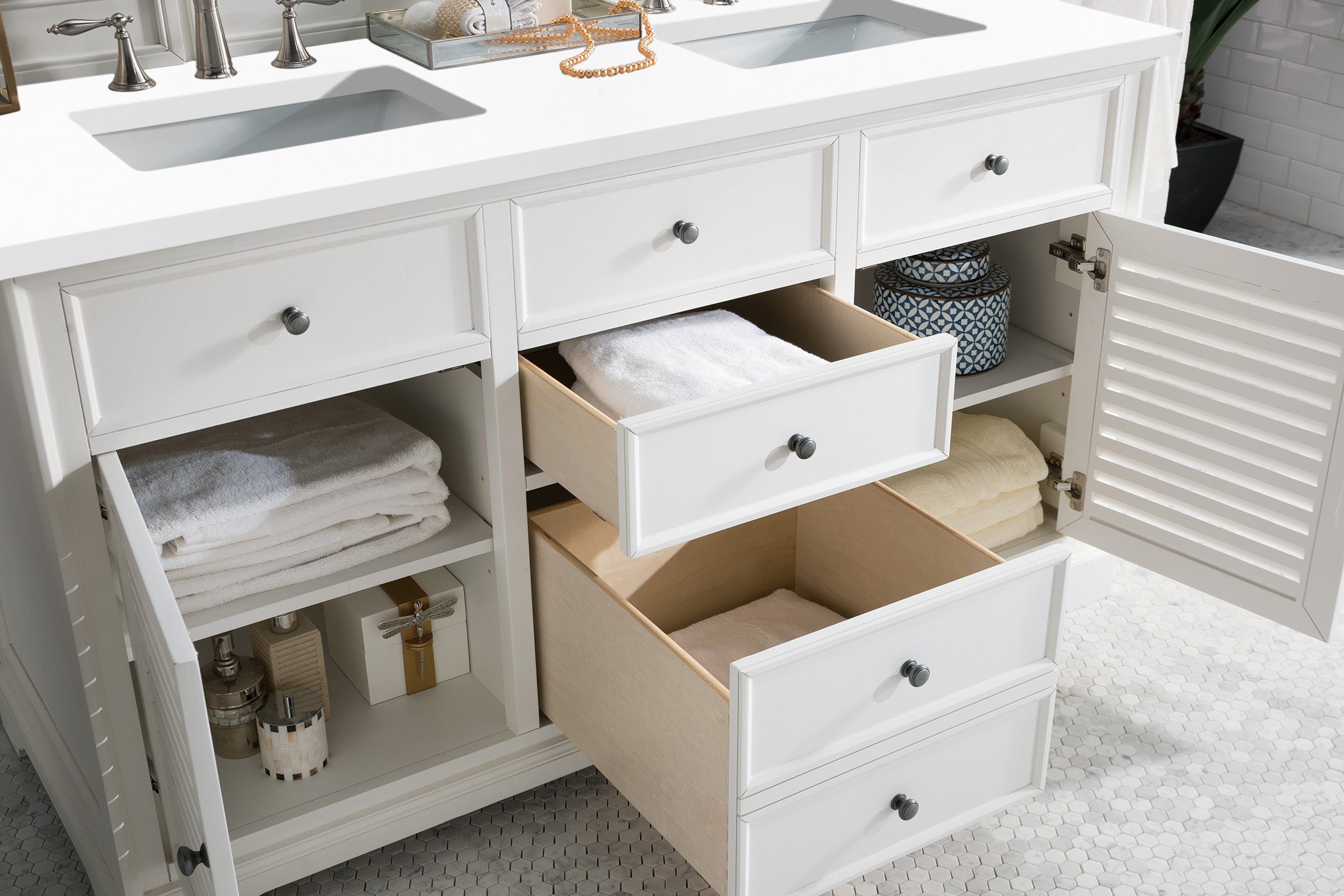 Savannah 60-Inch Double Vanity Cabinet with White Zeus Quartz Top - Bright White Bathroom Vanity with 3CM Thick Countertop | Perfect for Master Bathroom Renovation & Modern Home Decor