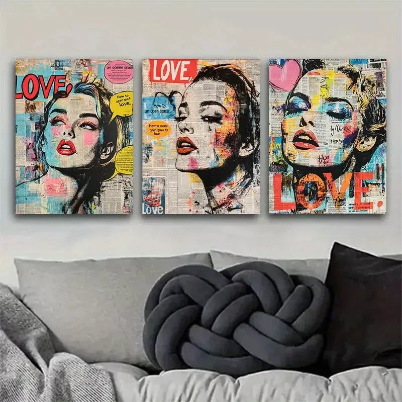 3-Piece Colorful Vintage Pop Art Female Portraits Wall Art Set - Framed Canvas Prints 40x60cm (16x24in) - High Quality Australian Made Wall Decor - Perfect for Living Room, Bedroom & Office Decor