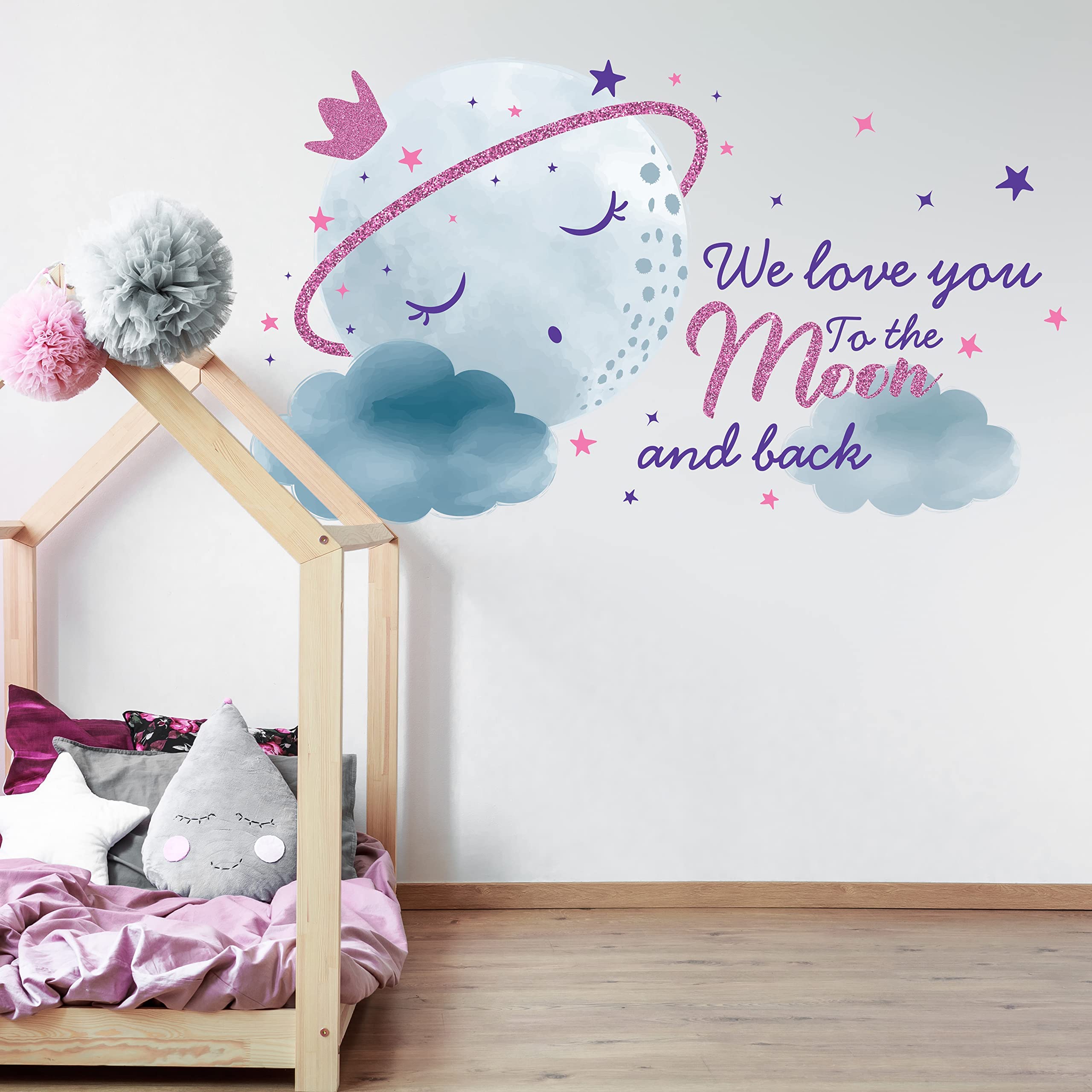 Pastel Moon Wall Decals for Girls Room - Frosty Moon Nursery Decor - Cute Wall Stickers for Bedroom & Kids Room - 50