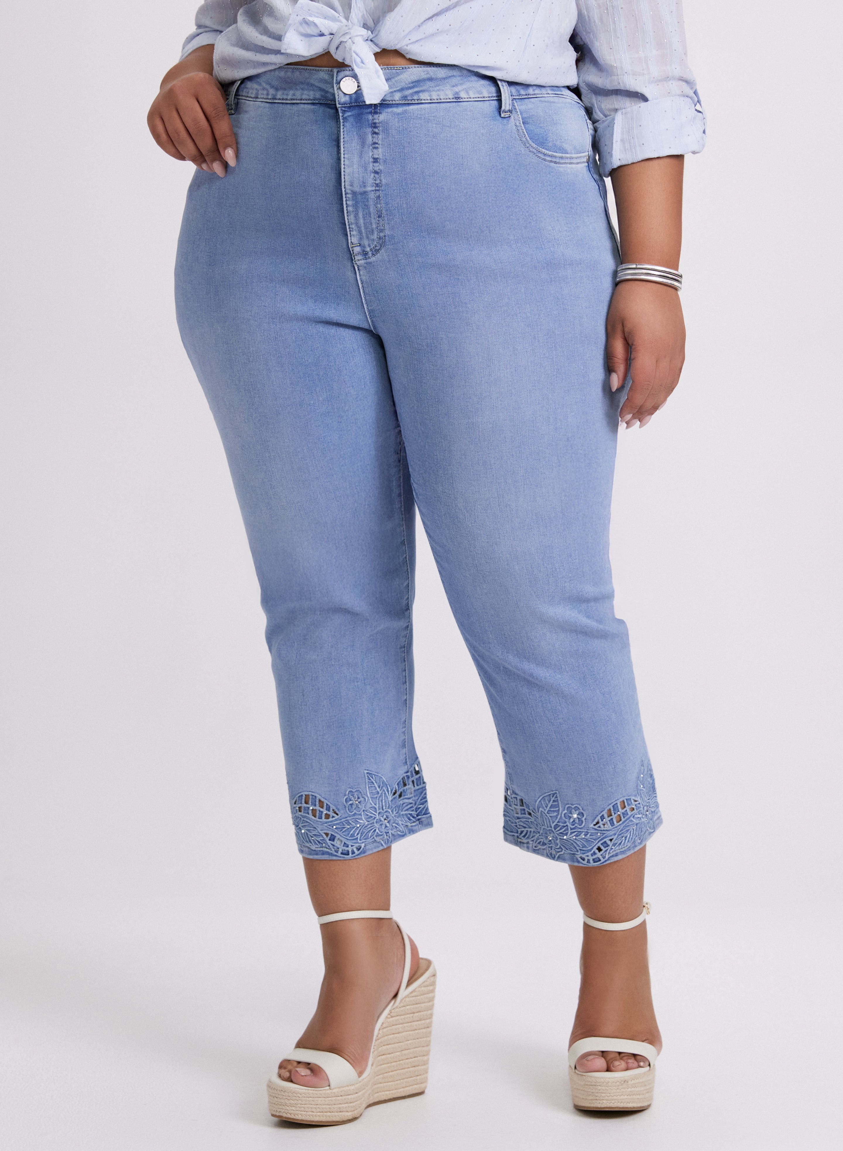 Floral Embroidered Denim Capri Pants for Women - Stylish Summer Casual Shorts for Outfits, Beach & Vacation Wear