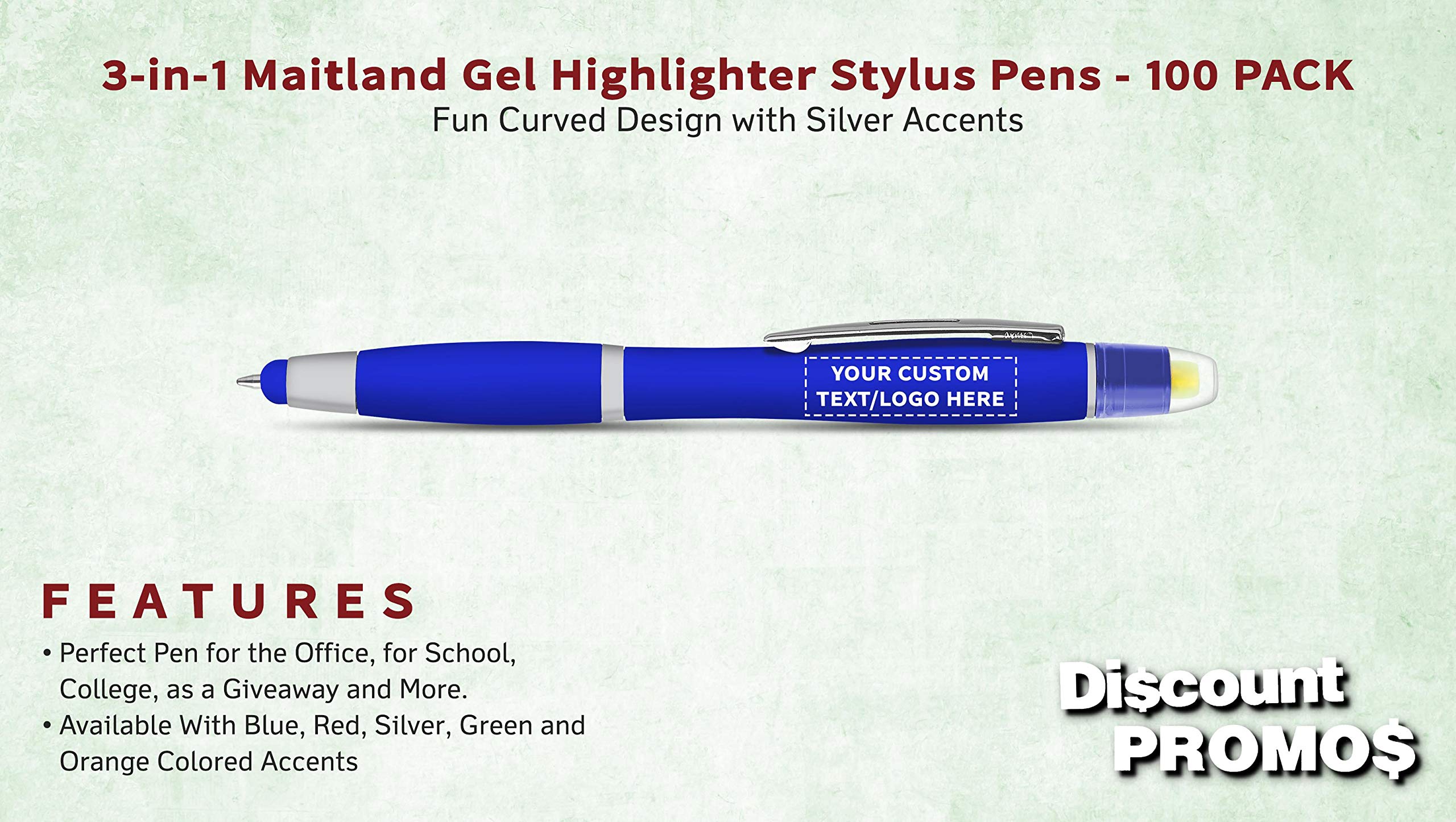 Customizable Blue Maitland Gel Highlighter Stylus Pens - 100 Pack - Smooth Writing Plastic Pens with Personalized Text & Logo - Perfect for Office, School, Note-Taking & Gift Giving