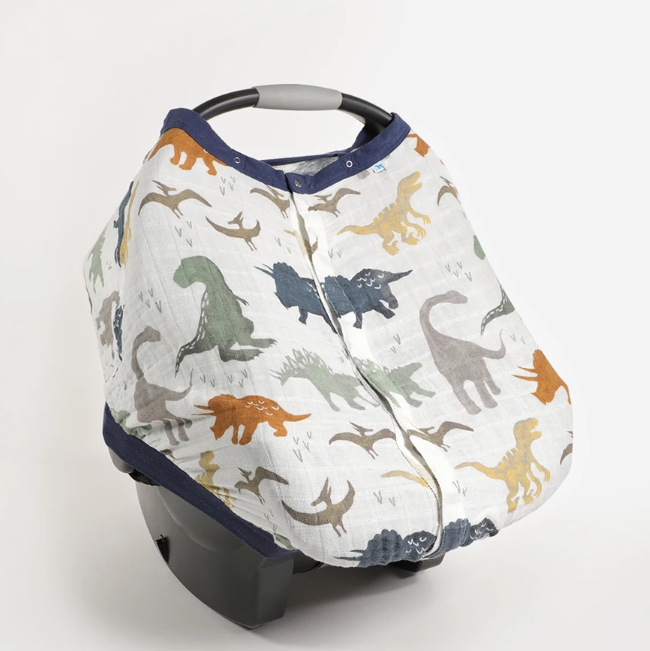 Little Unicorn Cotton Muslin Car Seat Canopy - Dino Friends Design, Breathable Baby Car Seat Cover for Sun & Wind Protection, Perfect for Strollers & Infant Carriers