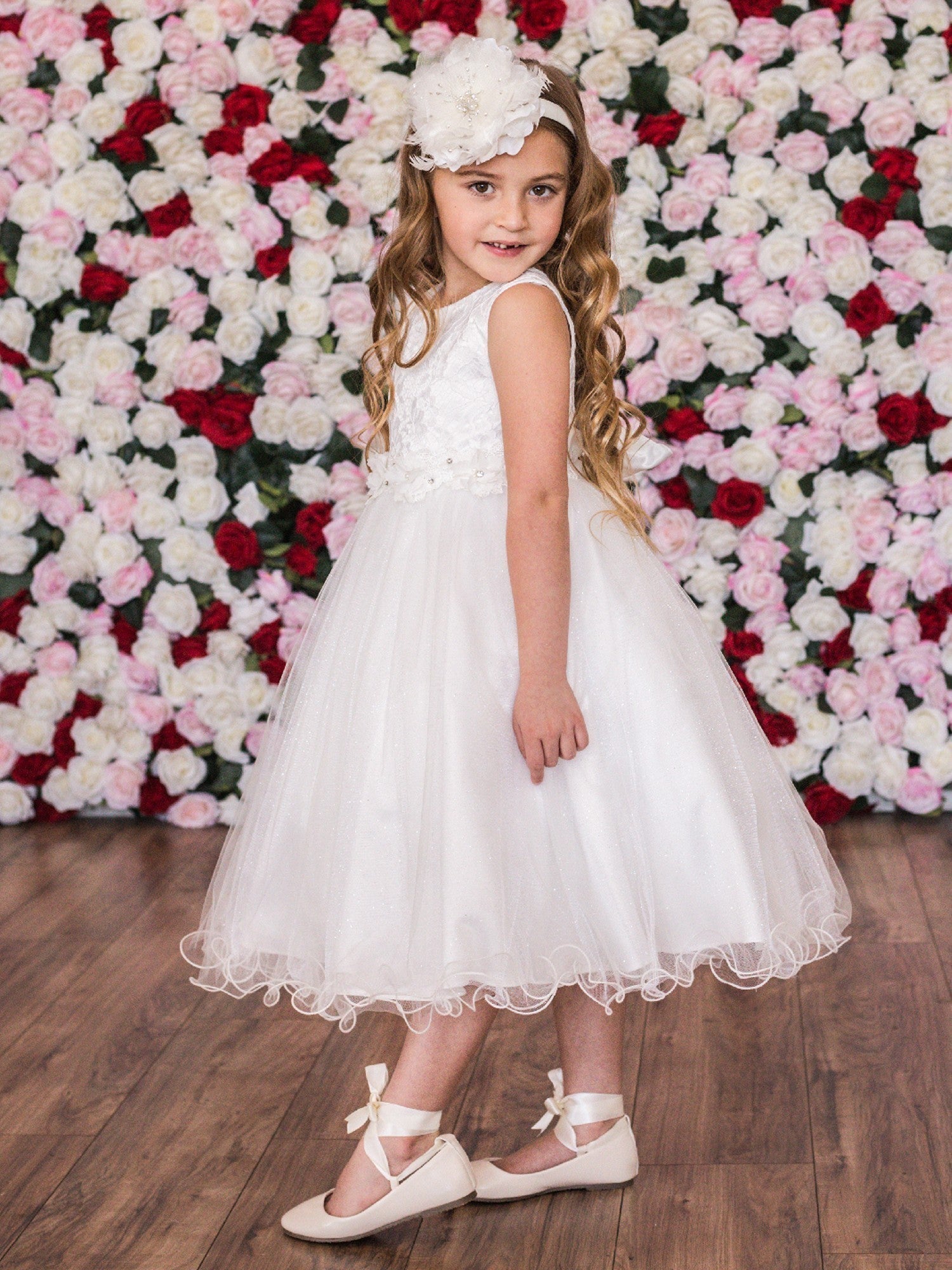 Elegant Off-White Floral Communion Dress with Pearl & Rhinestone Details for Girls Size 8-16 - Perfect for First Communion, Baptism & Special Occasions