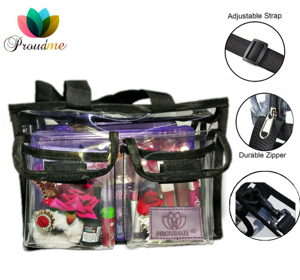 PROUDME Women's Small Clear PVC Makeup Bag - Transparent Cosmetic Organizer for Travel & Storage - Removable Shoulder Strap (27x20x10cm) - Perfect for Makeup Artists, Travel Essentials & Daily Beauty Organization - Black